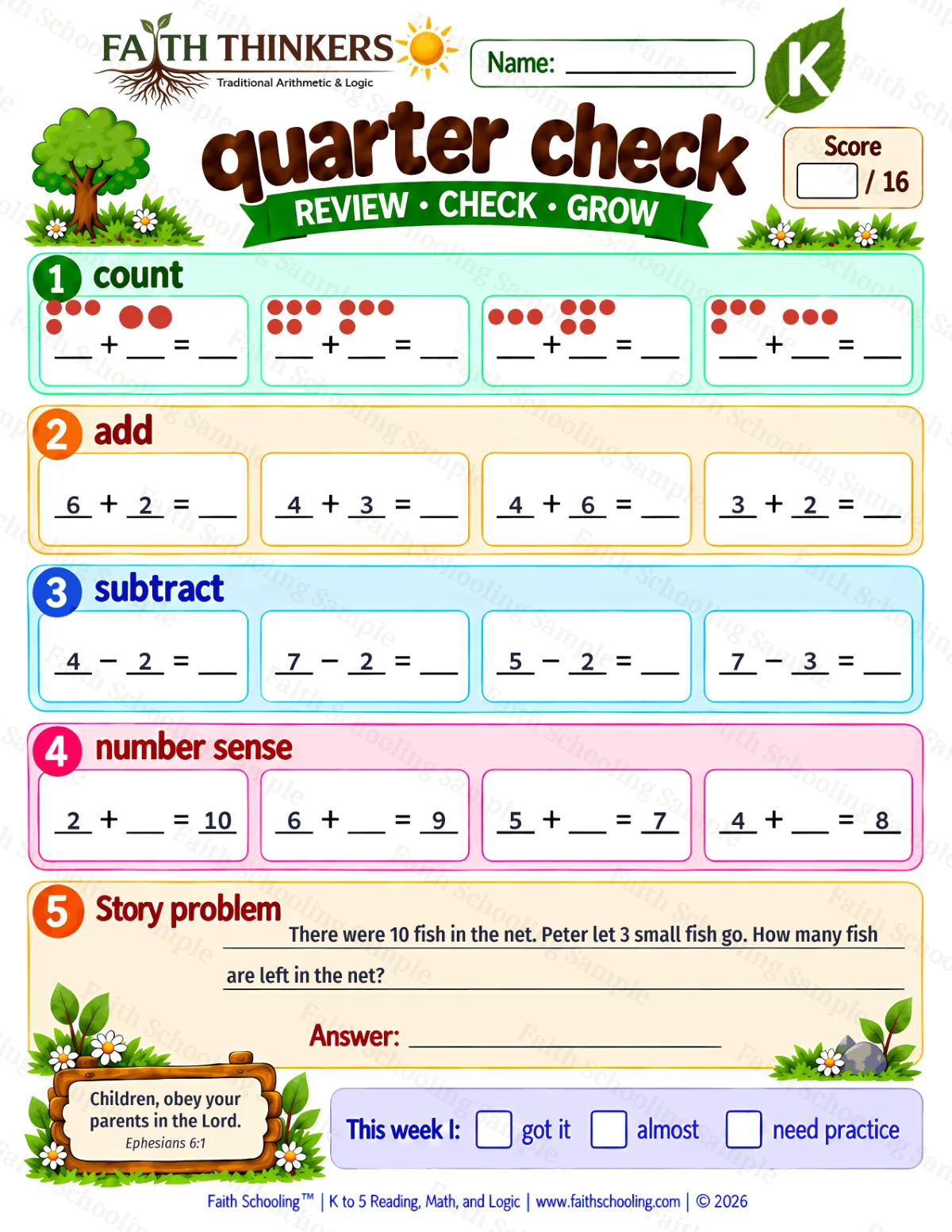 Kindergarten math worksheet — Mixed Review and Mastery Practice 1 (free printable)