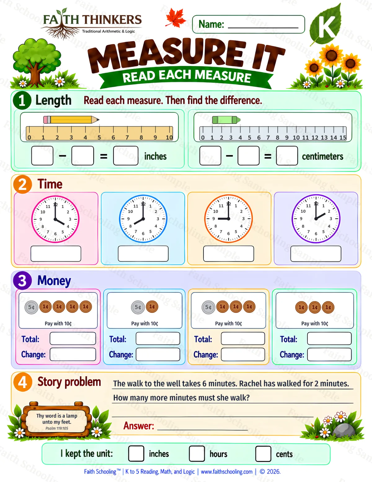 Kindergarten math worksheet — Money and Measurement Practice 1 (free printable)