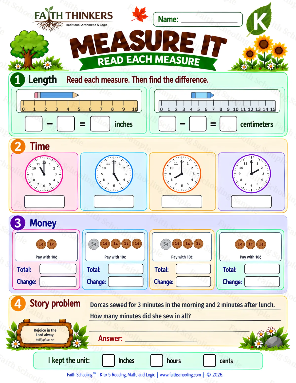 Kindergarten math worksheet — Money and Measurement Practice 2 (free printable)