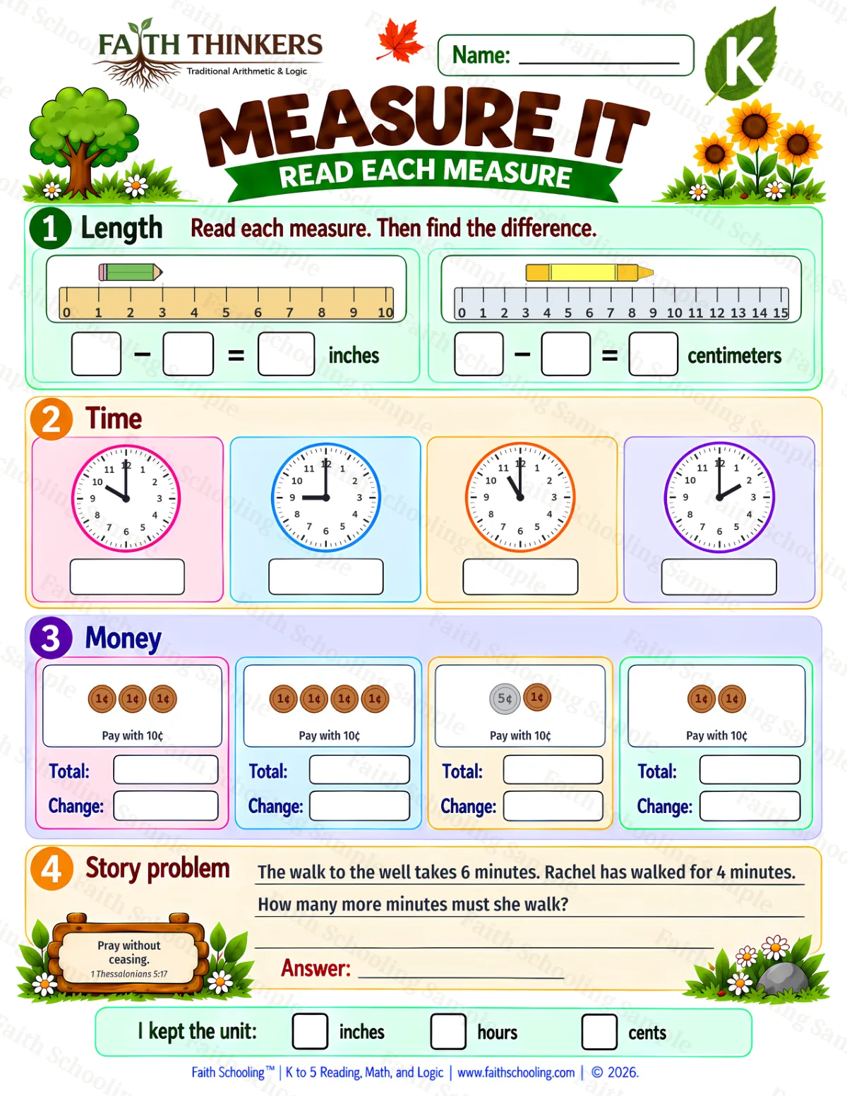 Kindergarten math worksheet — Money and Measurement Practice 3 (free printable)