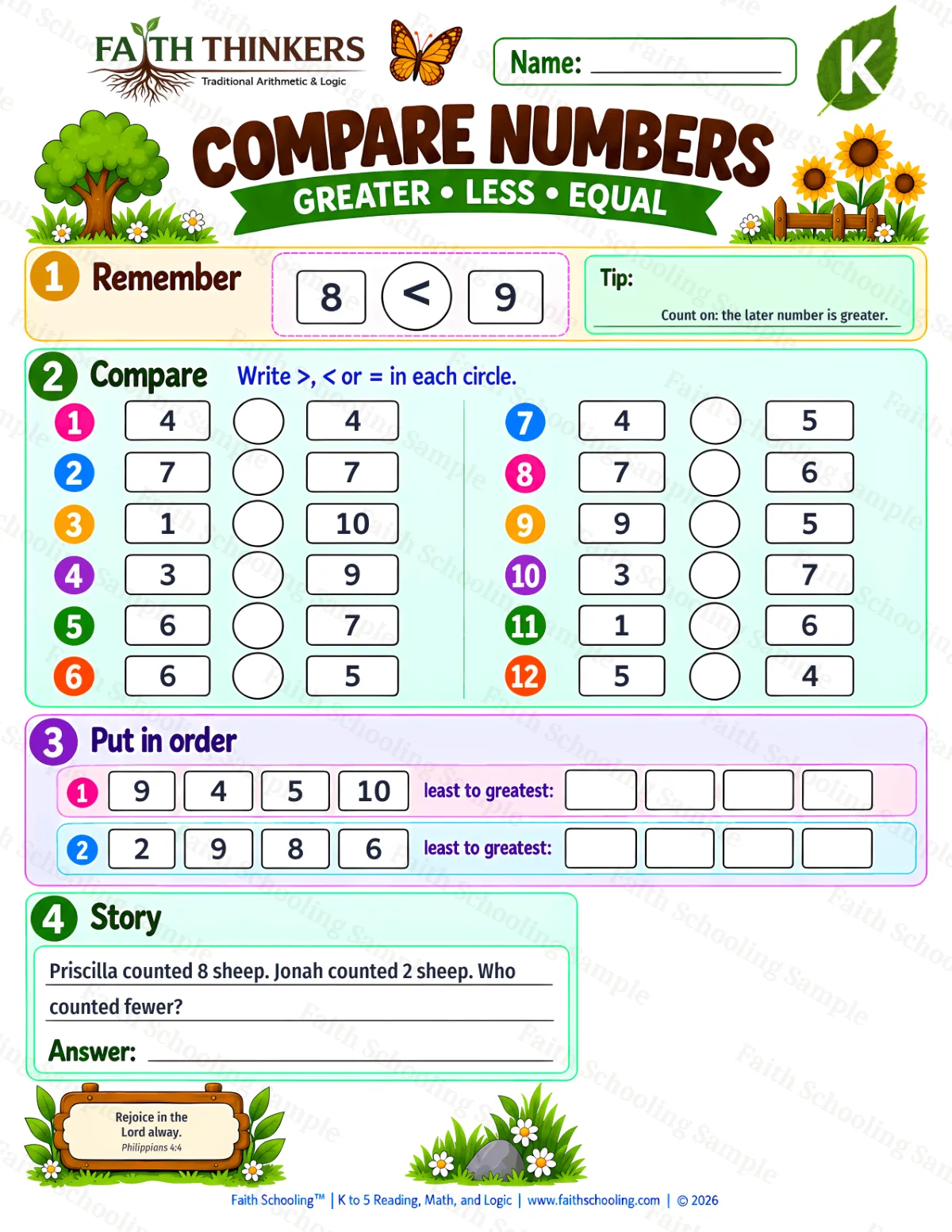 Kindergarten math worksheet — More, Fewer, and the Same Practice 1 (free printable)