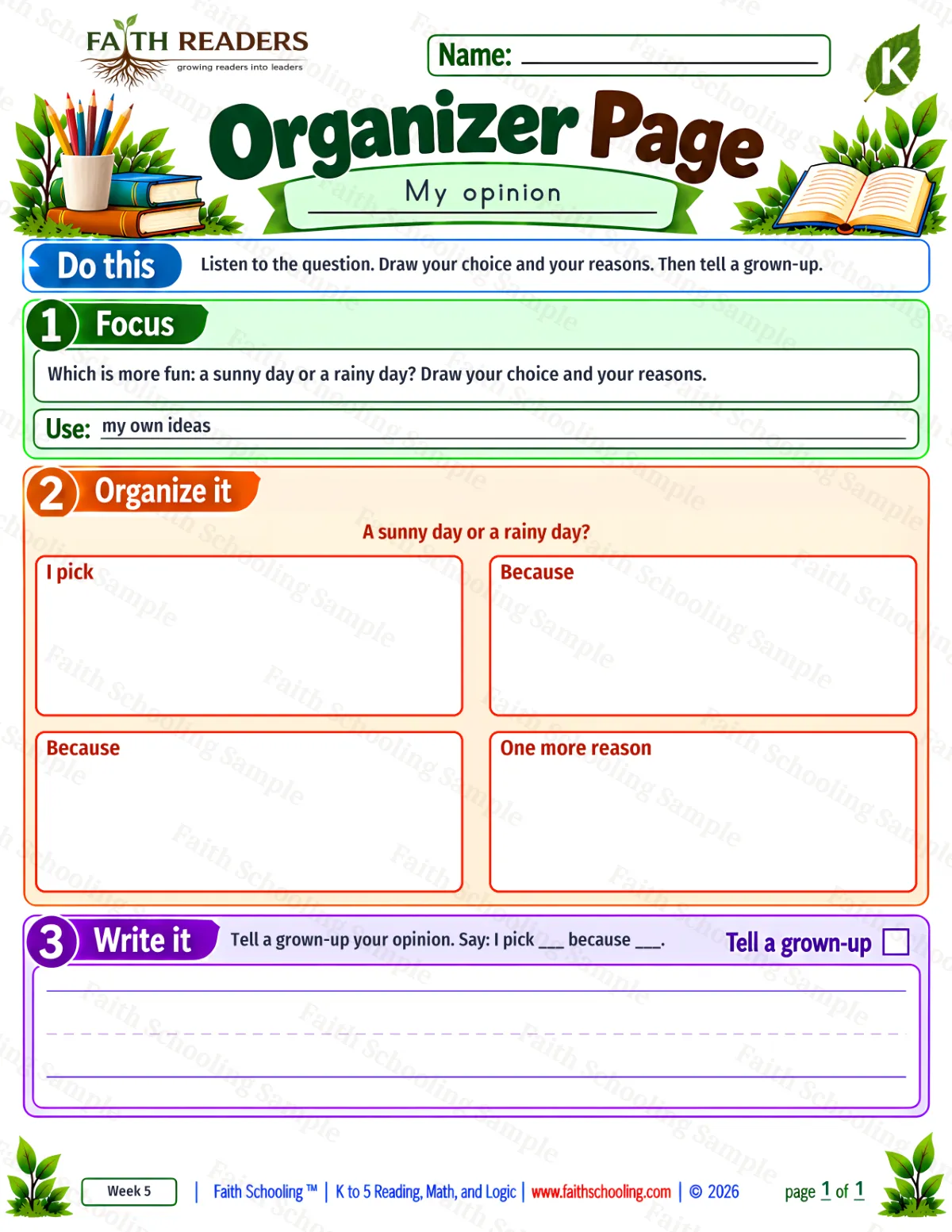 Kindergarten grammar & writing worksheet — Opinion Writing. Organizer Page 1 (free printable)