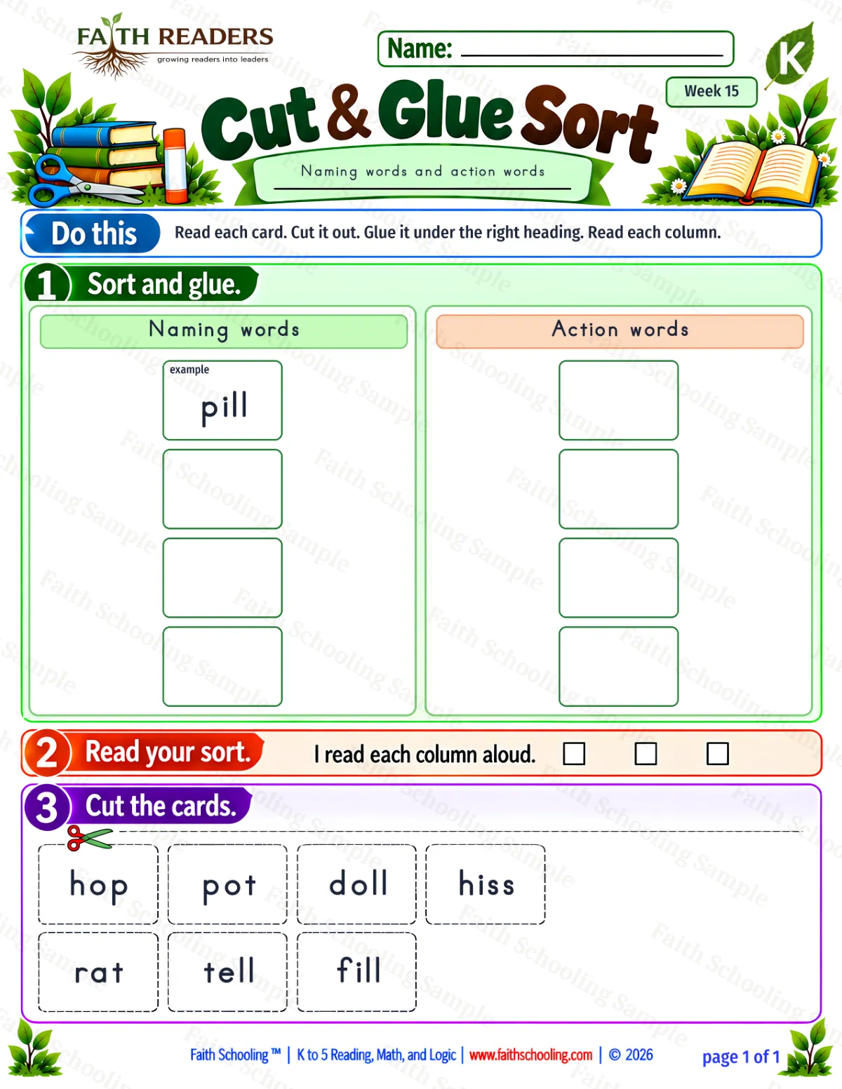 Kindergarten grammar & writing worksheet — Parts of Speech. Cut And Glue Sort 1: naming and action (free printable)