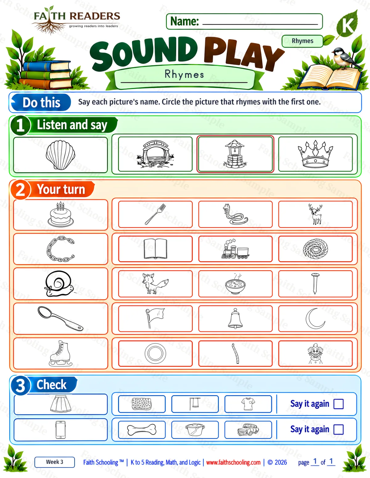 Kindergarten phonics worksheet — Phonemic Awareness. Sound Play 3: bell, bone, book and bridge (free printable)