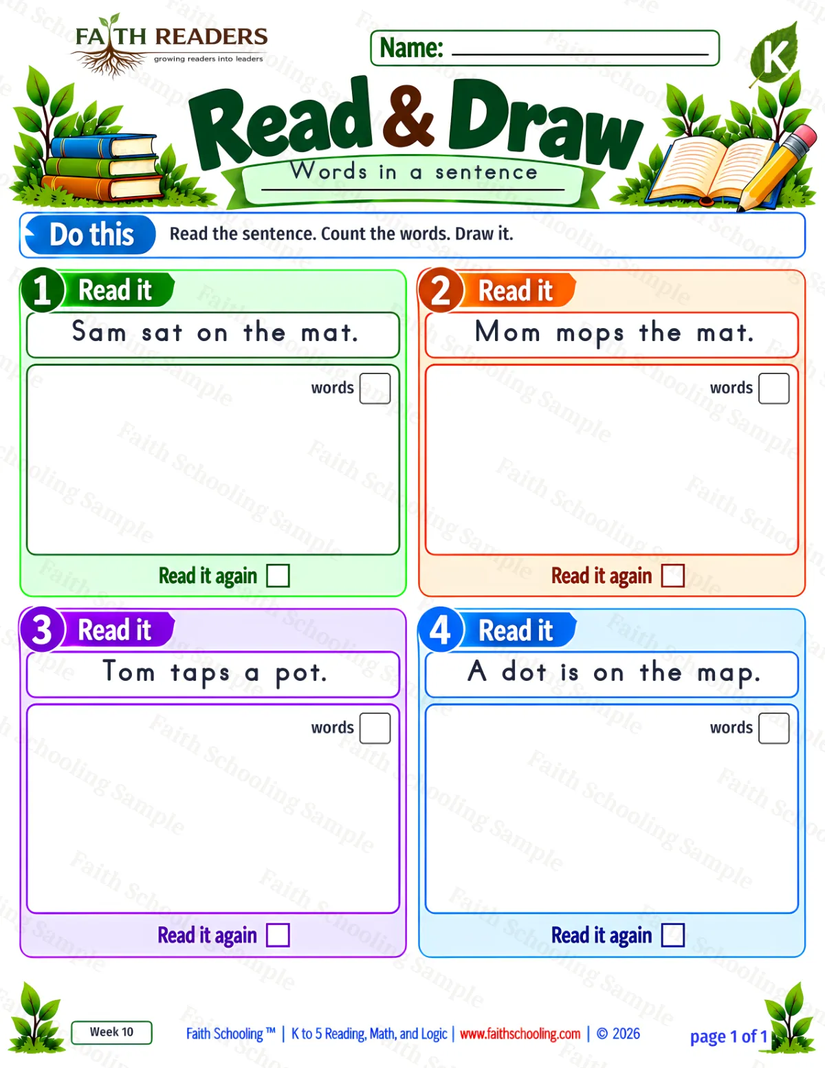 Kindergarten grammar & writing worksheet — Sentences. Read And Draw 1: Sam sat on the mat. (free printable)