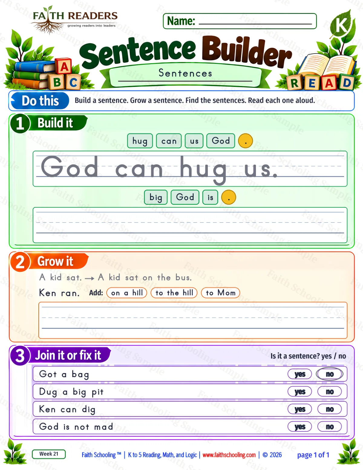 Kindergarten grammar & writing worksheet — Sentences. Sentence Builder 1: God can hug us. (free printable)