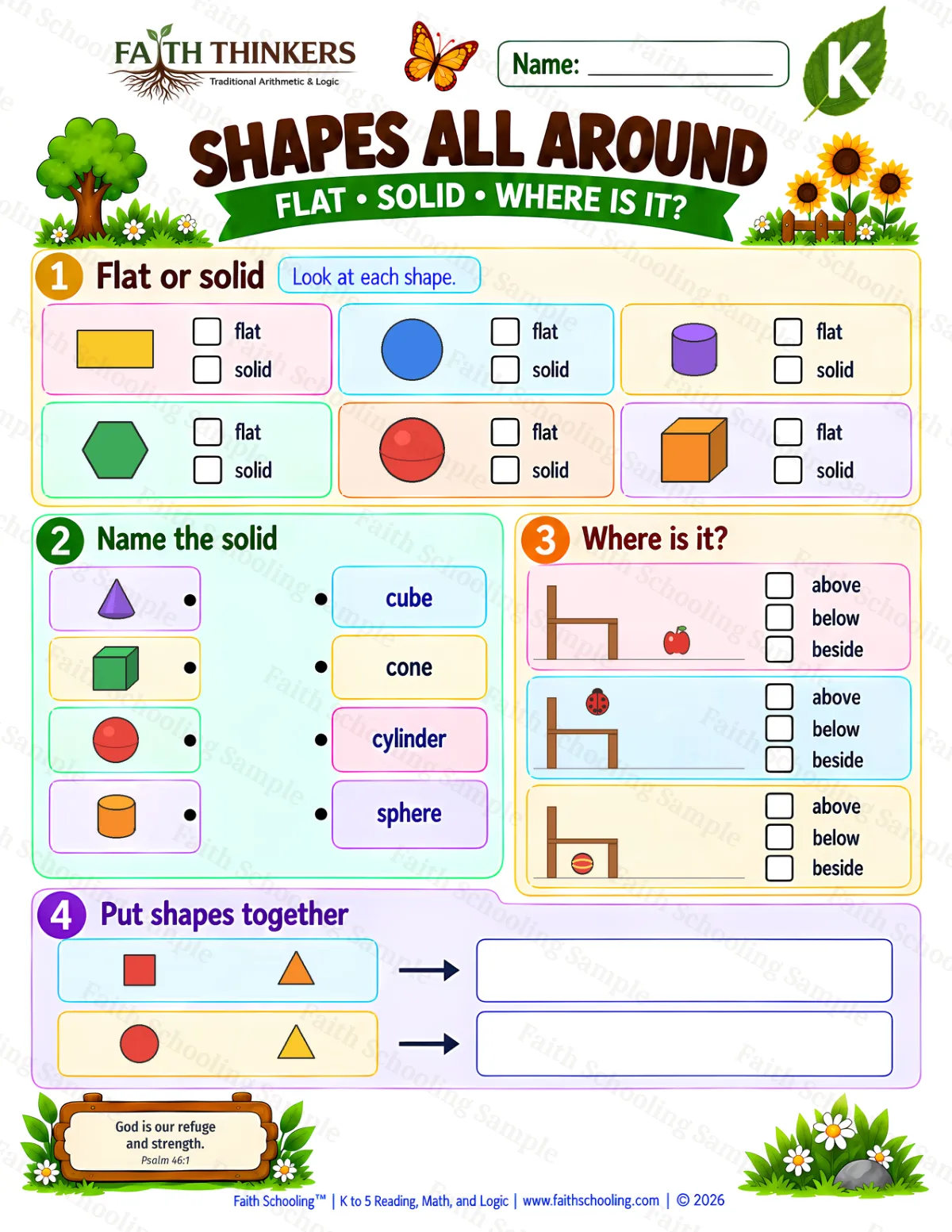 Kindergarten math worksheet — Shapes All Around Practice 1 (free printable)