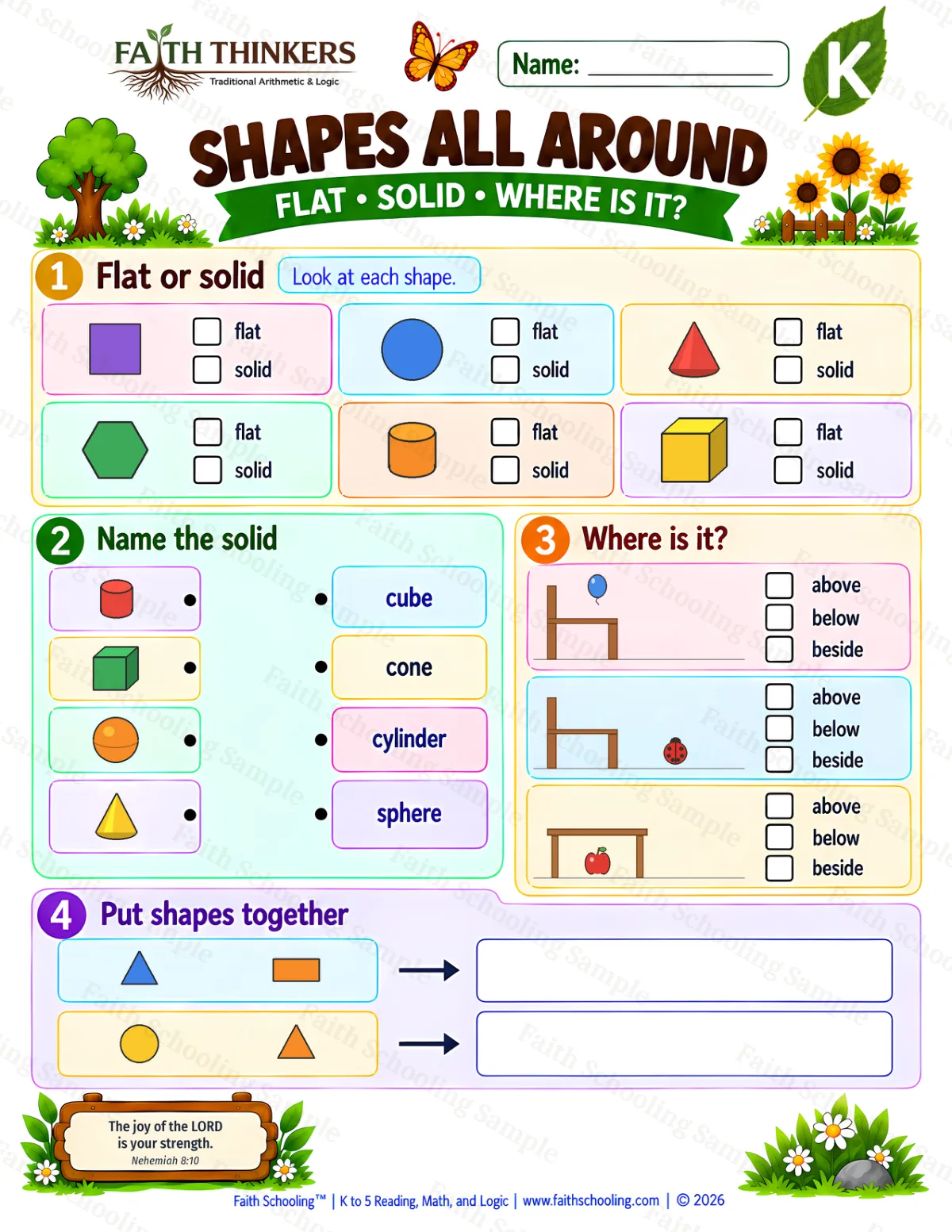 Kindergarten math worksheet — Shapes All Around Practice 2 (free printable)