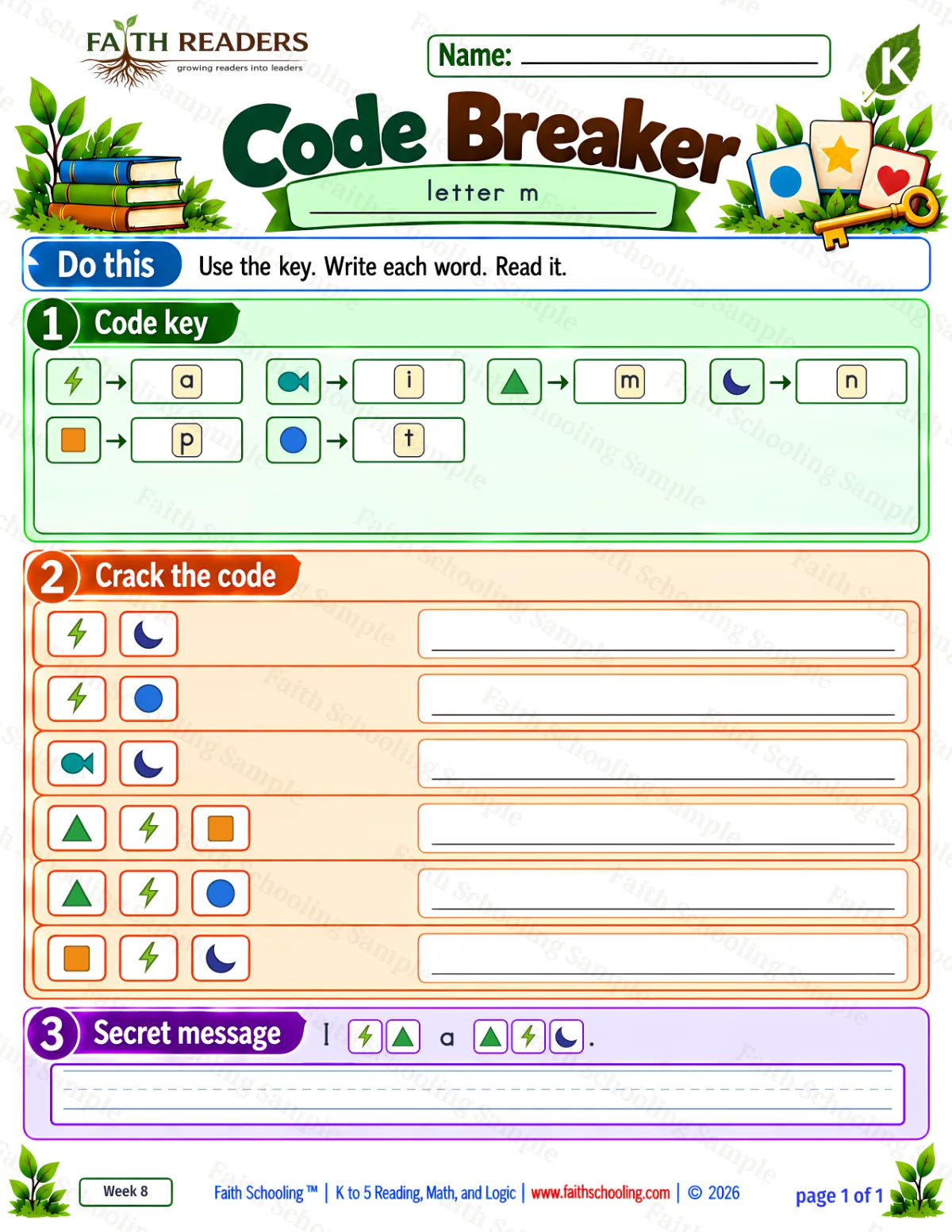 Kindergarten phonics worksheet — Short a. Code Breaker 1: an, at, in and map (free printable)