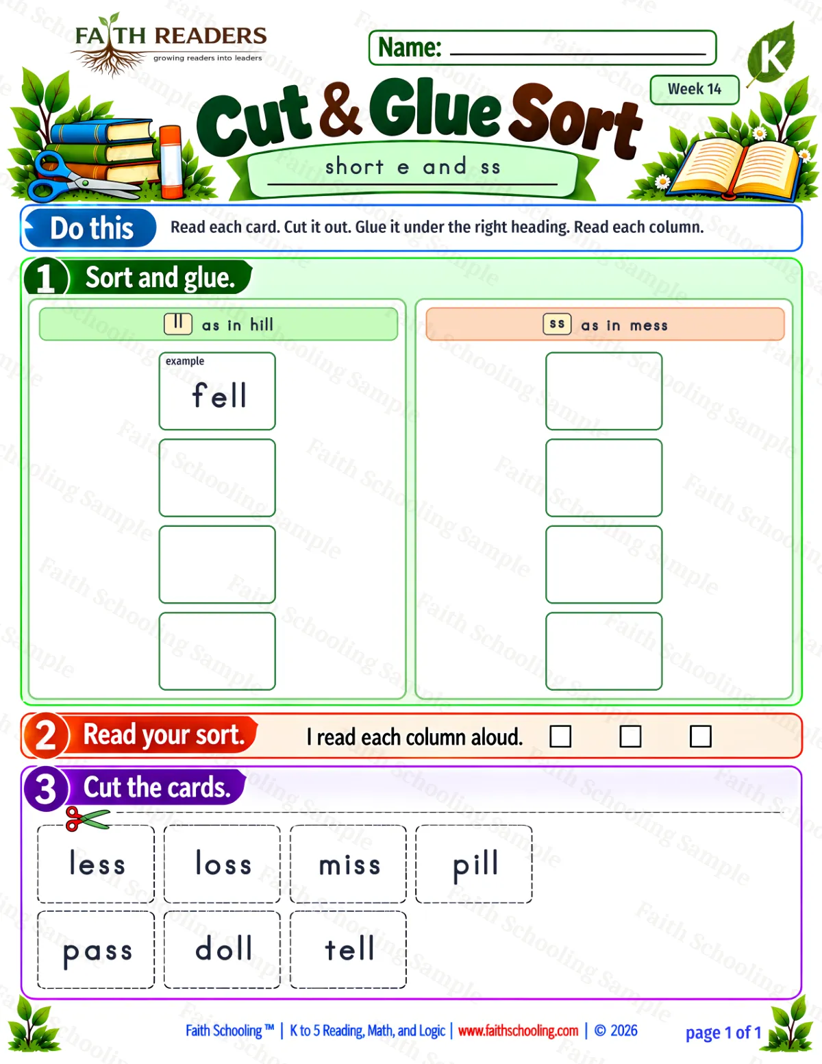 Kindergarten phonics worksheet — Short E. Cut And Glue Sort 1: ll and ss (free printable)