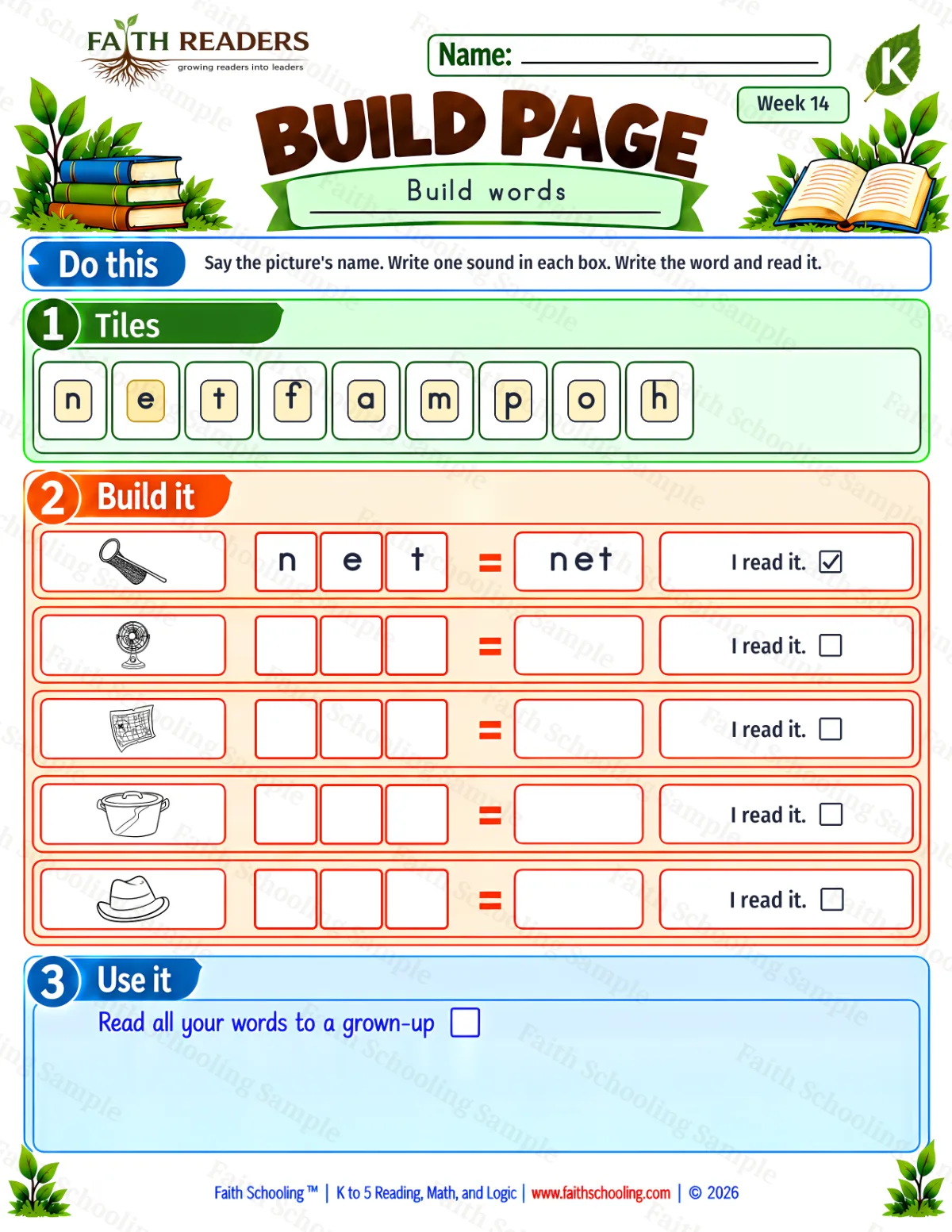 Kindergarten phonics worksheet — Short E. Build 1: net, fan, map and pot (free printable)