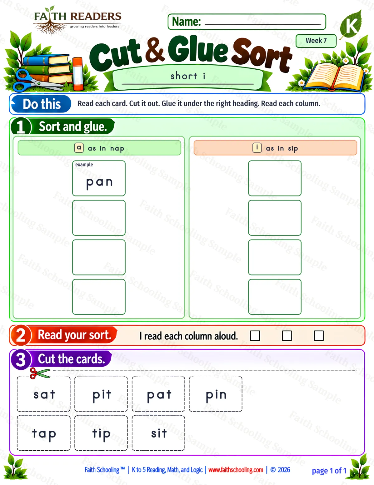 Kindergarten phonics worksheet — Short I. Cut And Glue Sort 1: a and i (free printable)