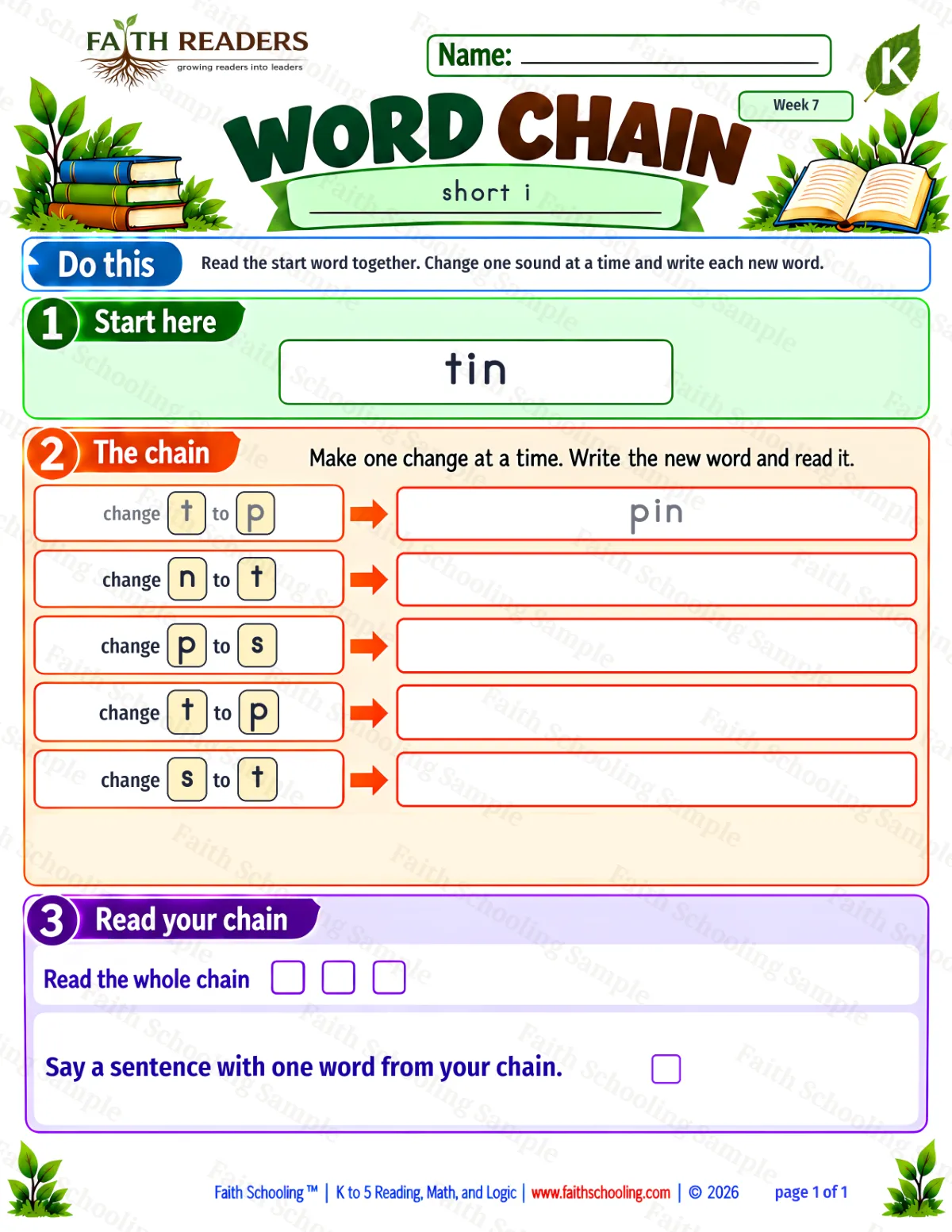 Kindergarten phonics worksheet — Short I. Word Chain 1: tin to tip (free printable)
