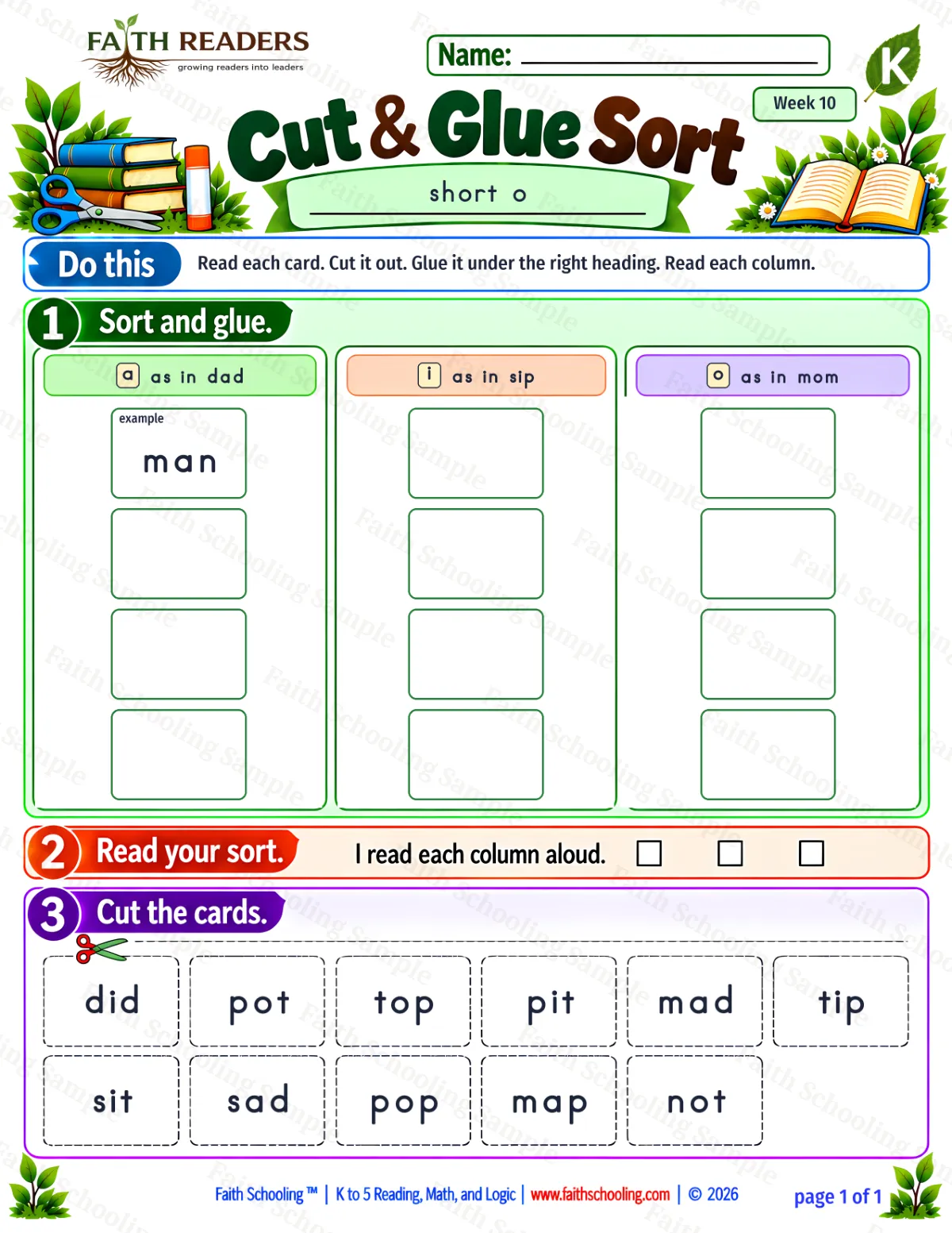 Kindergarten phonics worksheet — Short O. Cut And Glue Sort 1: a, i and o (free printable)