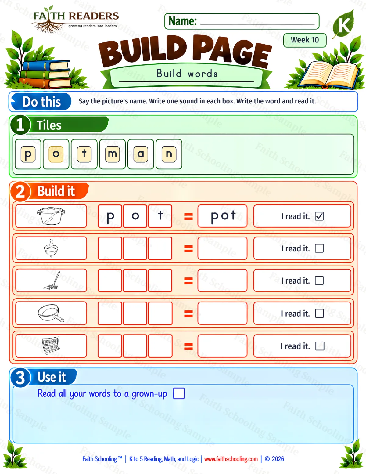 Kindergarten phonics worksheet — Short O. Build 1: pot, top, mop and pan (free printable)