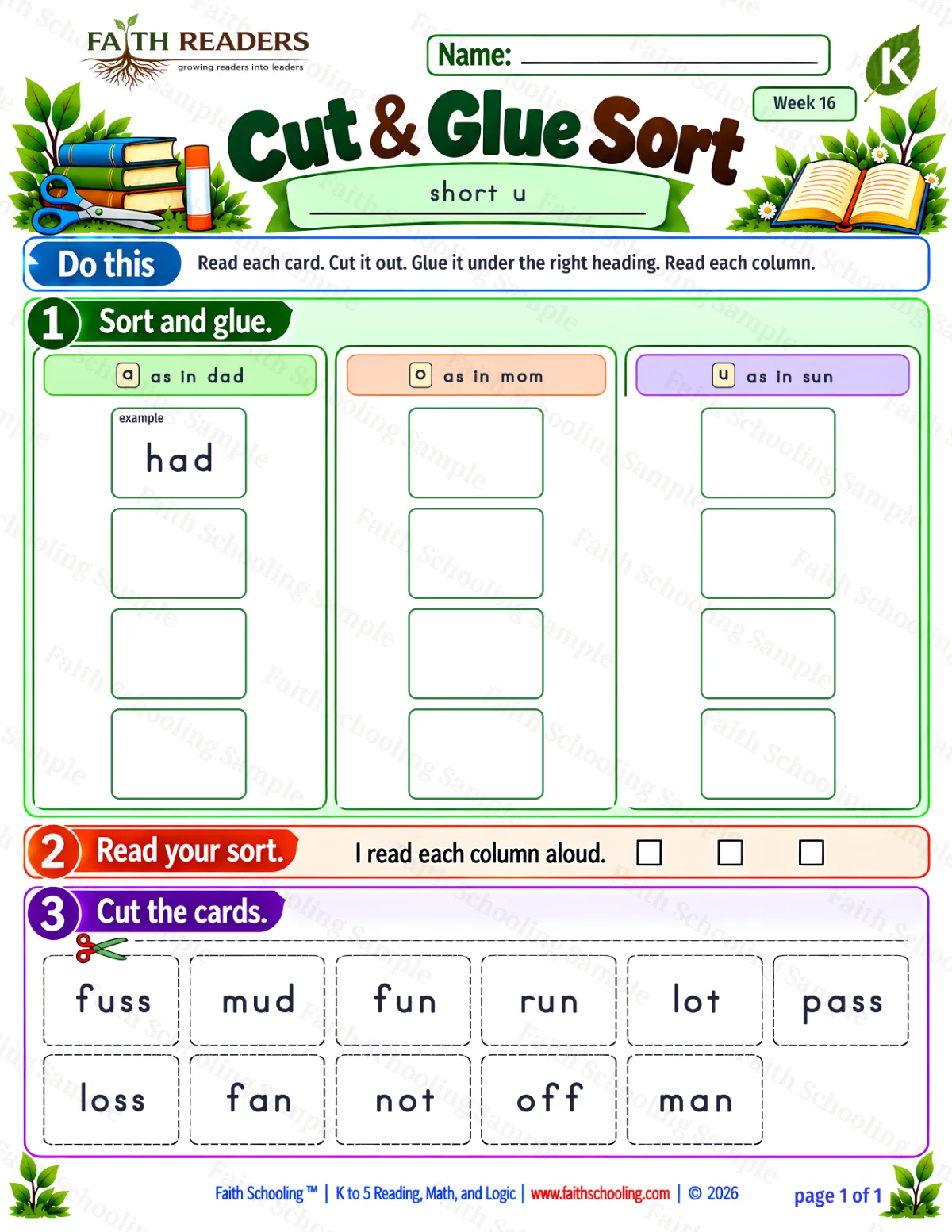 Kindergarten phonics worksheet — Short U. Cut And Glue Sort 1: a, o and u (free printable)