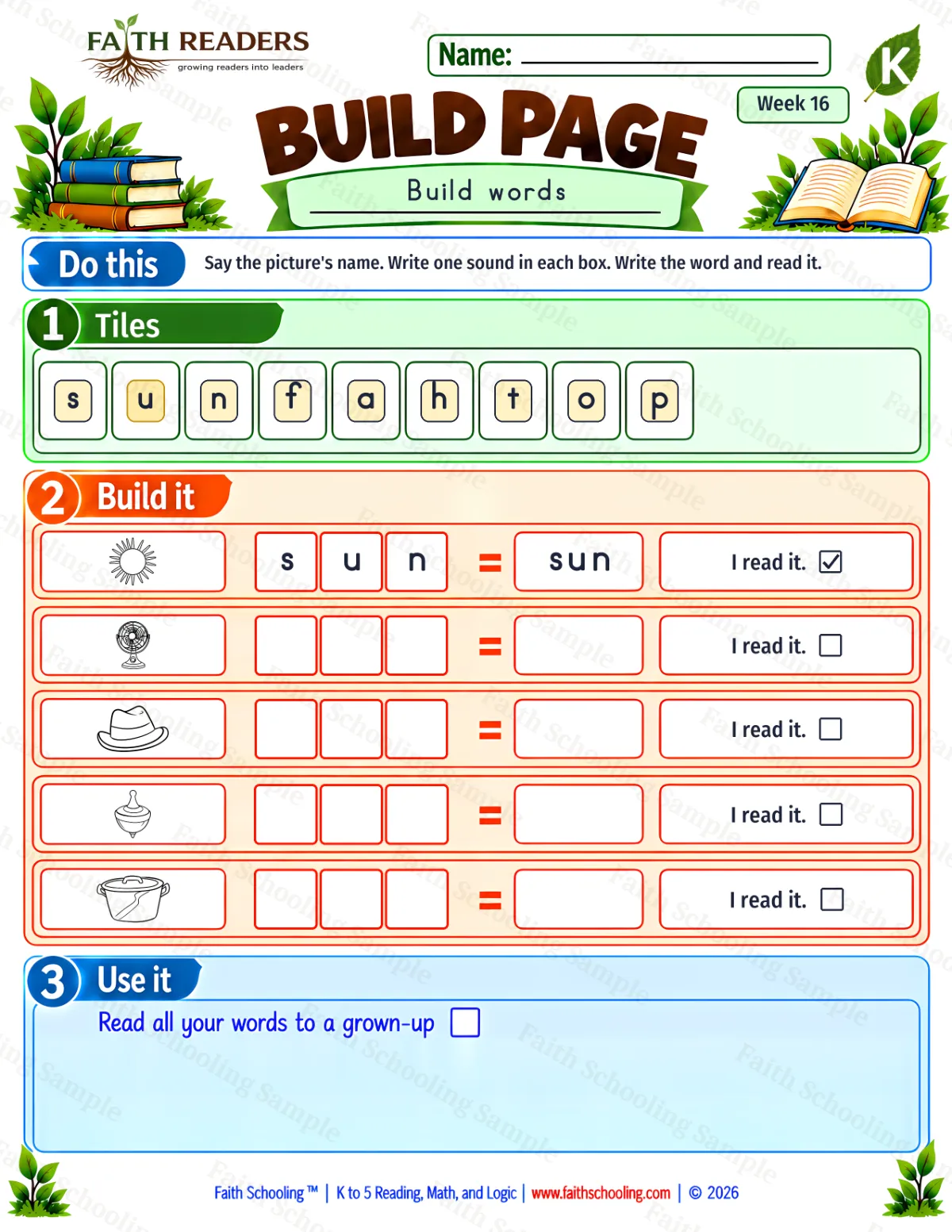 Kindergarten phonics worksheet — Short U. Build 1: sun, fan, hat and top (free printable)