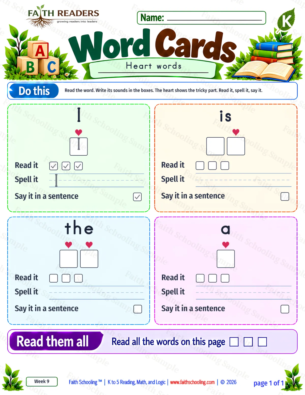 Kindergarten phonics worksheet — Sight Words. Word Cards 1: I, is, the and a (free printable)