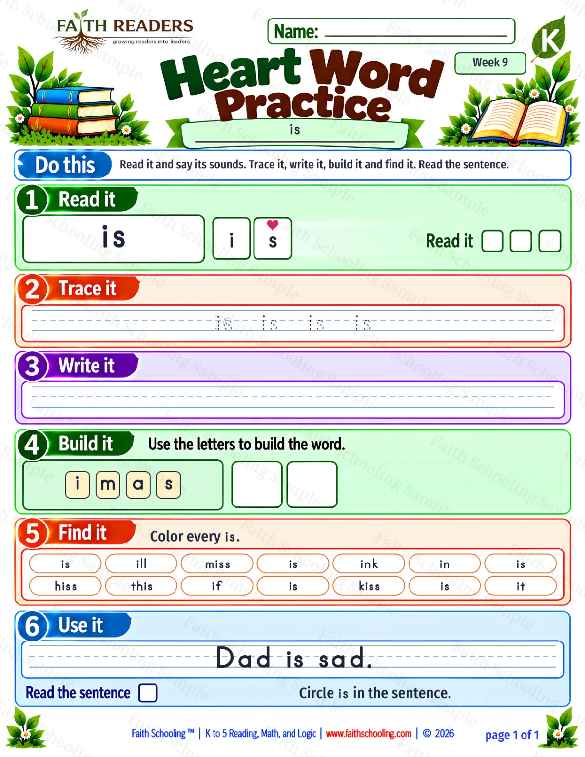 Kindergarten phonics worksheet — Sight Words. Heart Word Practice 1: is (free printable)