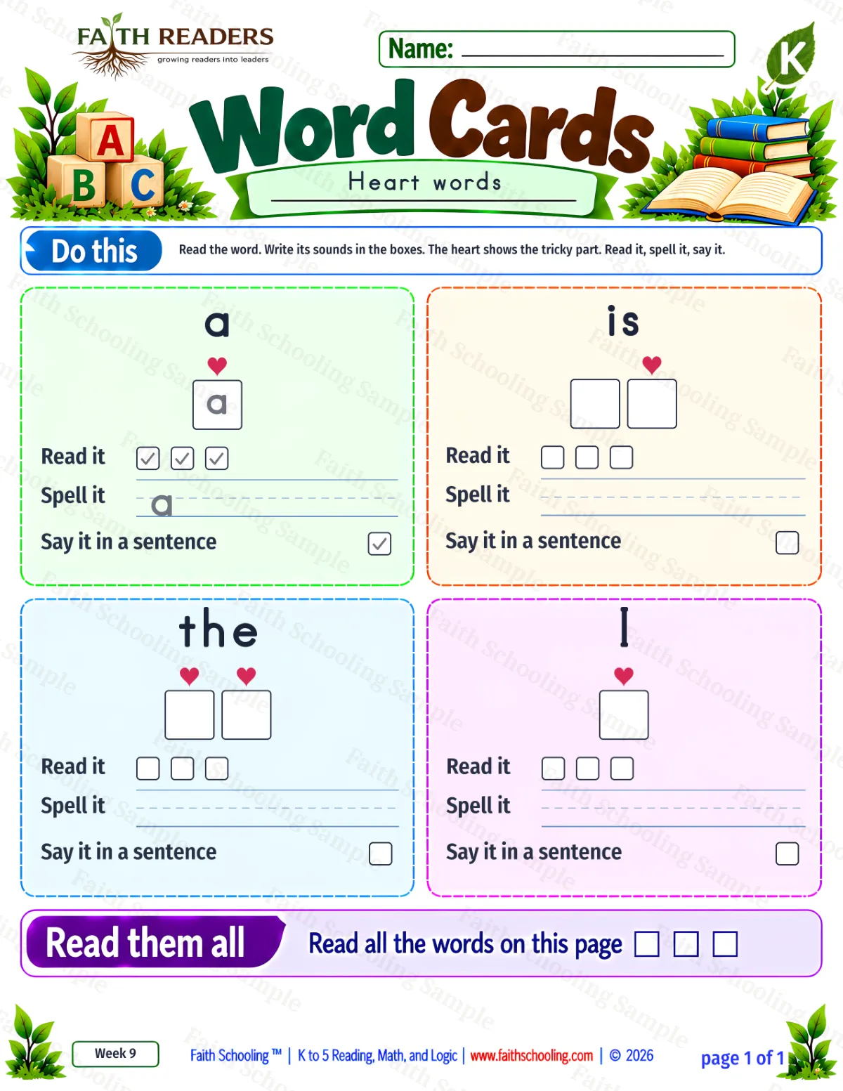 Kindergarten phonics worksheet — Sight Words. Word Cards 2: a, is, the and I (free printable)