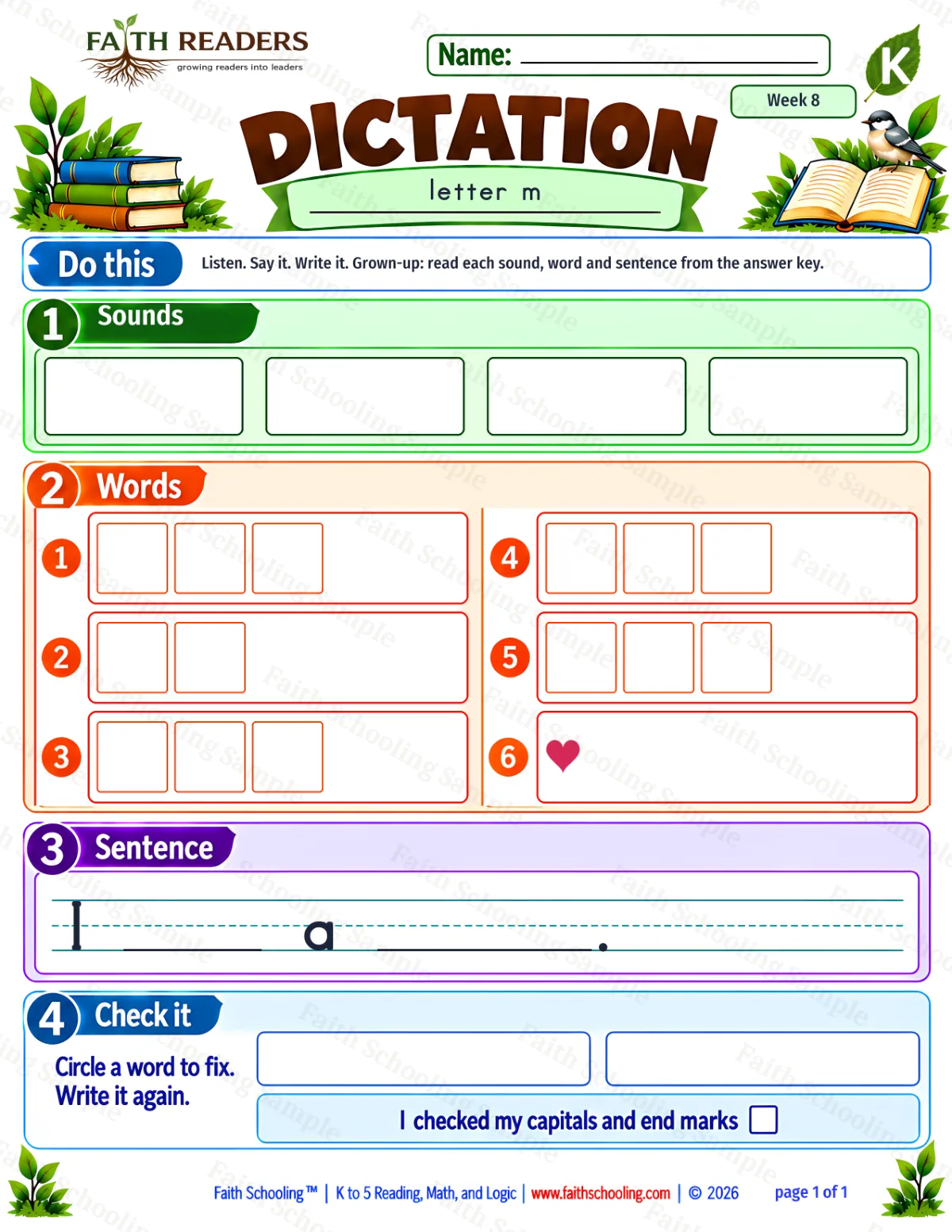 Kindergarten phonics worksheet — Spelling and Encoding. Dictation 1: m, i, s and p (free printable)