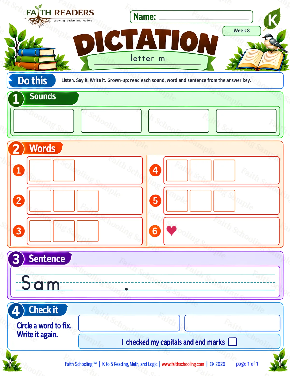 Kindergarten phonics worksheet — Spelling and Encoding. Dictation 2: m, p, s and i (free printable)