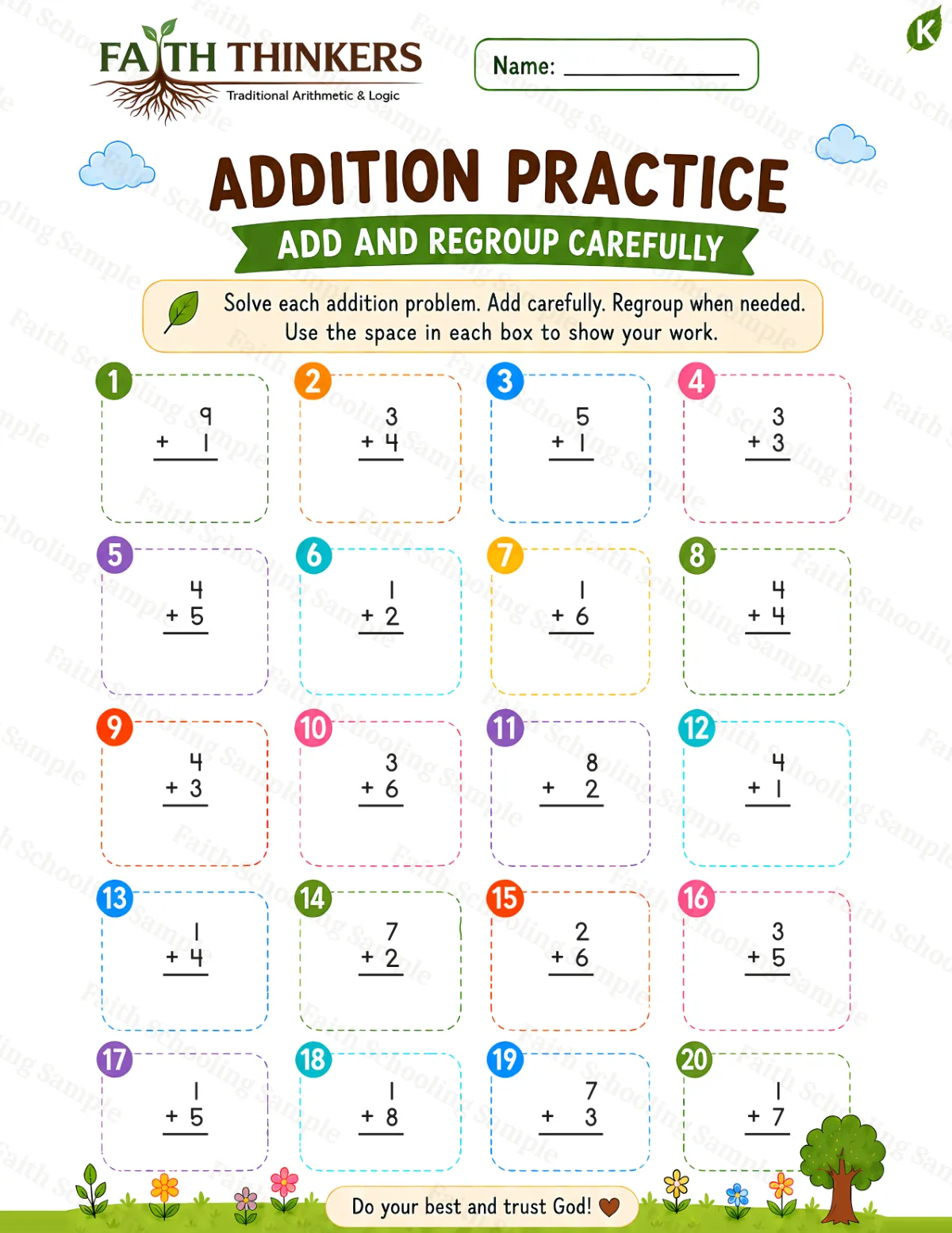 Kindergarten math worksheet — Summer Addition Practice 1 (free printable)