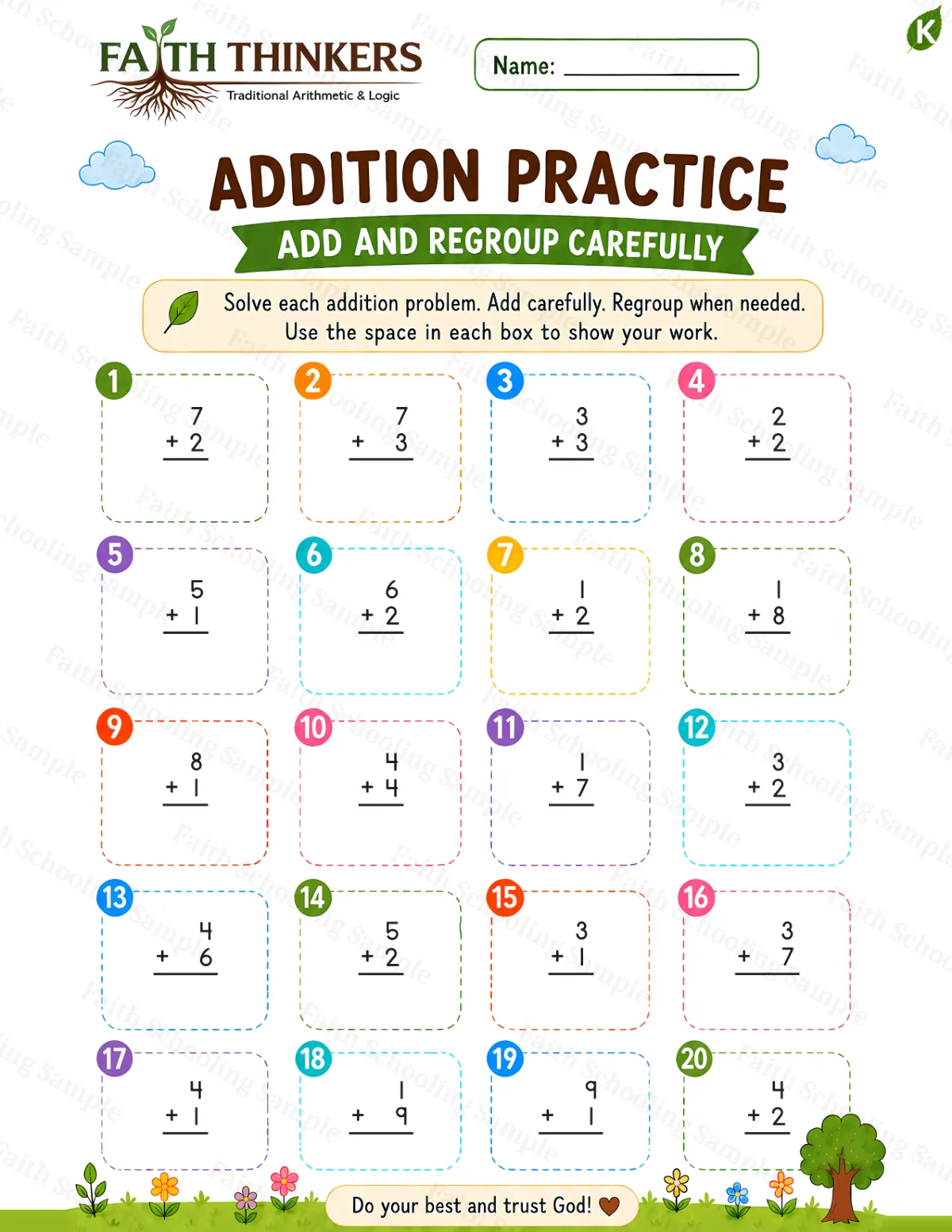 Kindergarten math worksheet — Summer Addition Practice 3 (free printable)