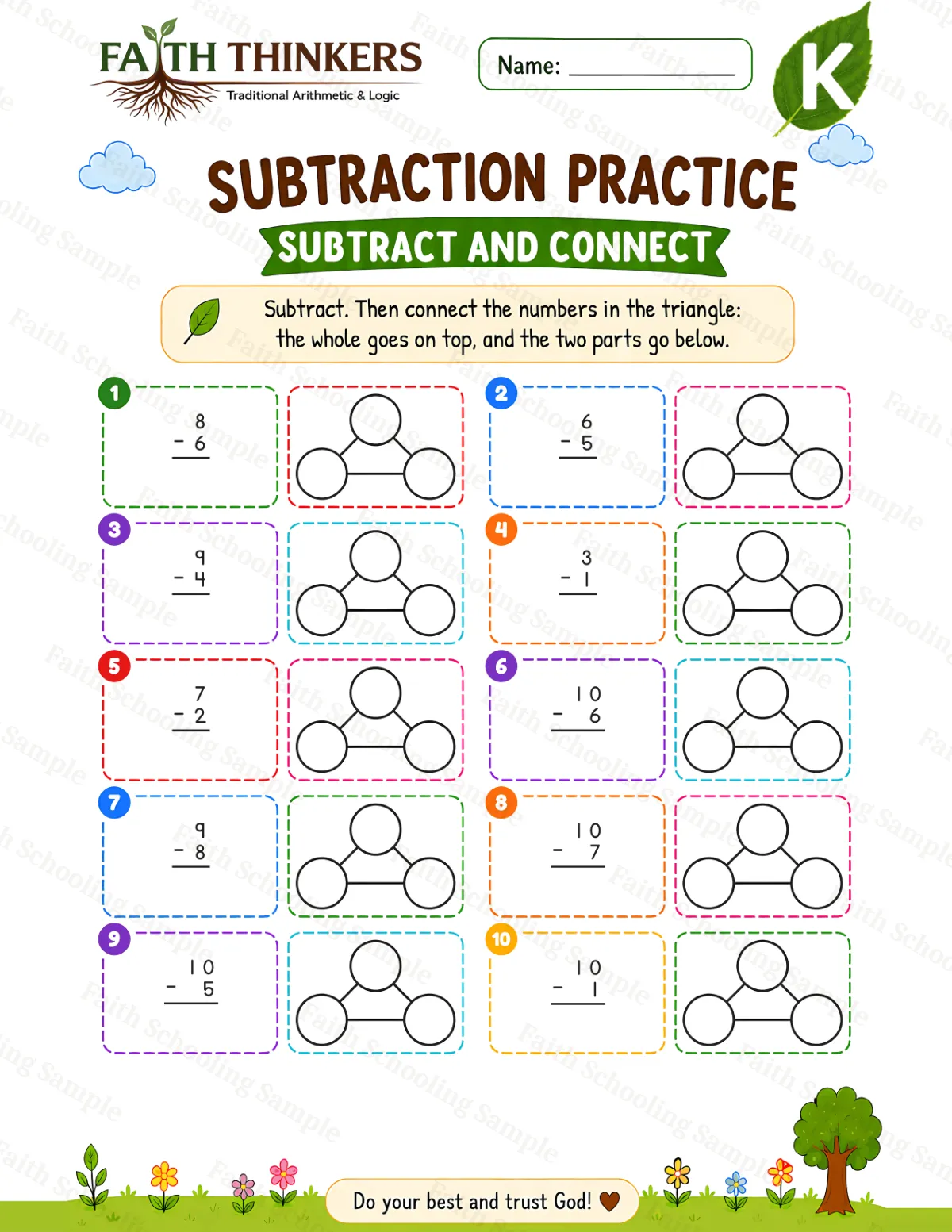 Kindergarten math worksheet — Summer Subtract And Connect Practice 1 (free printable)