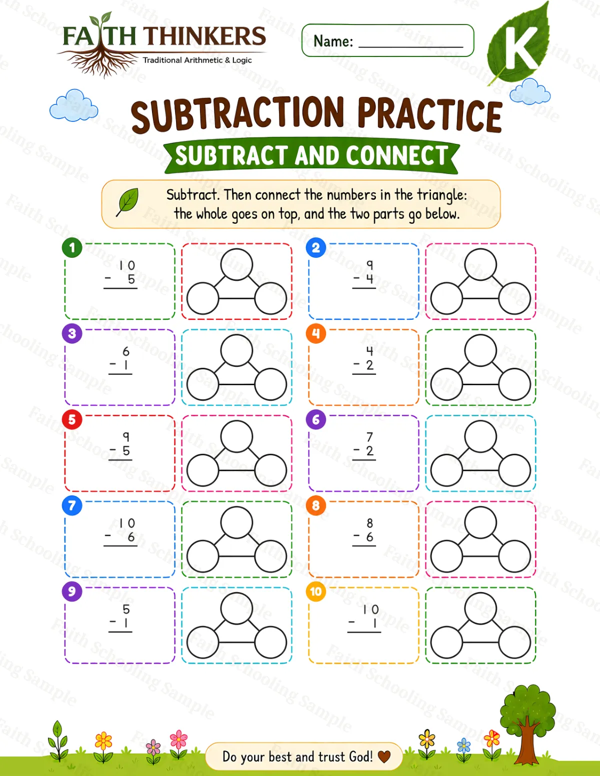 Kindergarten math worksheet — Summer Subtract And Connect Practice 2 (free printable)
