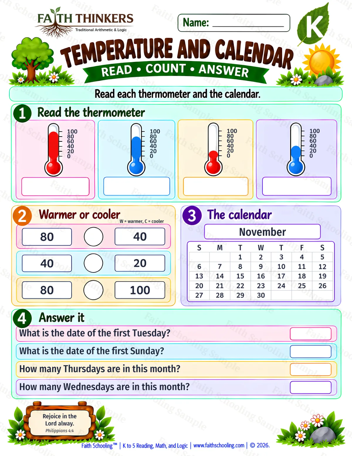 Kindergarten math worksheet — Temperature And Calendar Practice 1 (free printable)