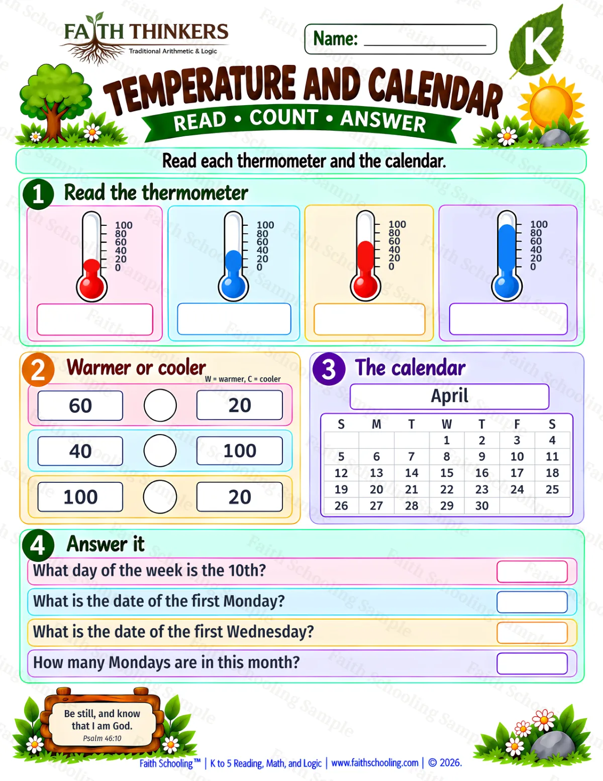 Kindergarten math worksheet — Temperature And Calendar Practice 2 (free printable)