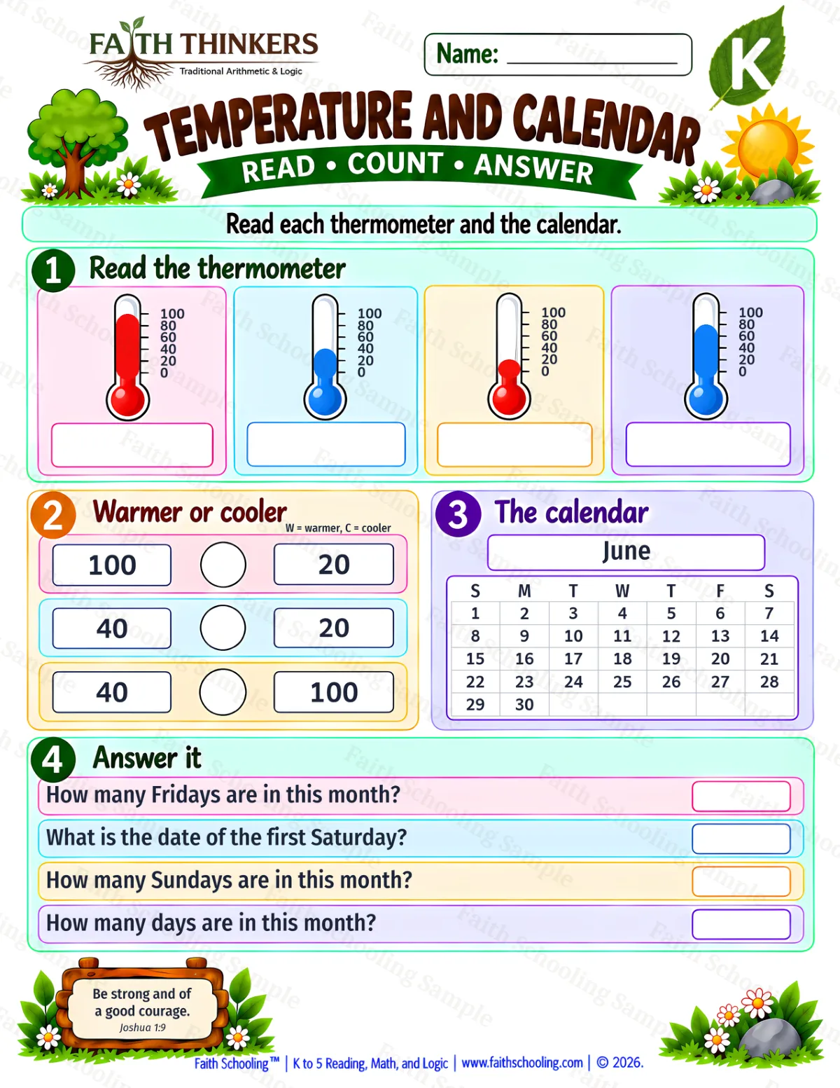 Kindergarten math worksheet — Temperature And Calendar Practice 3 (free printable)