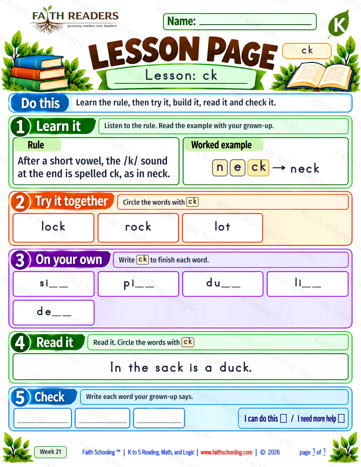 Kindergarten phonics worksheet — The CK Ending. Lesson 1: ck (free printable)