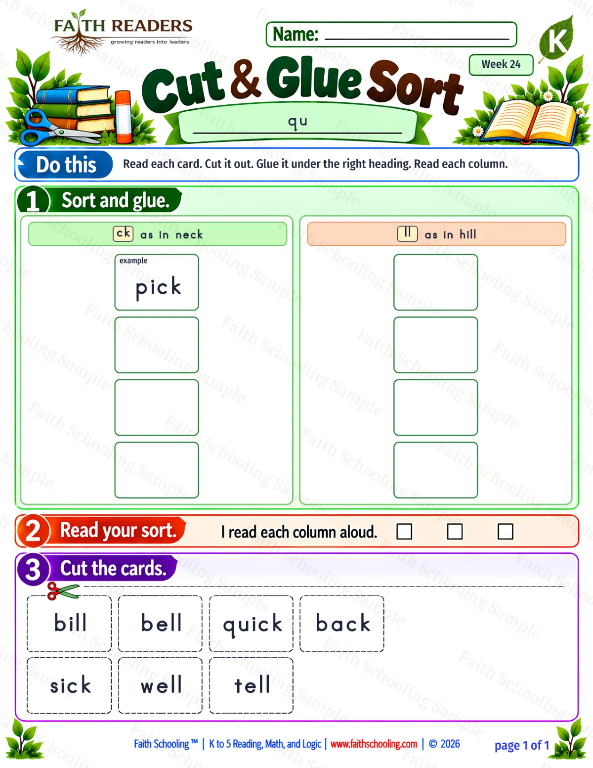 Kindergarten phonics worksheet — The QU Sound. Cut And Glue Sort 1: ck and ll (free printable)