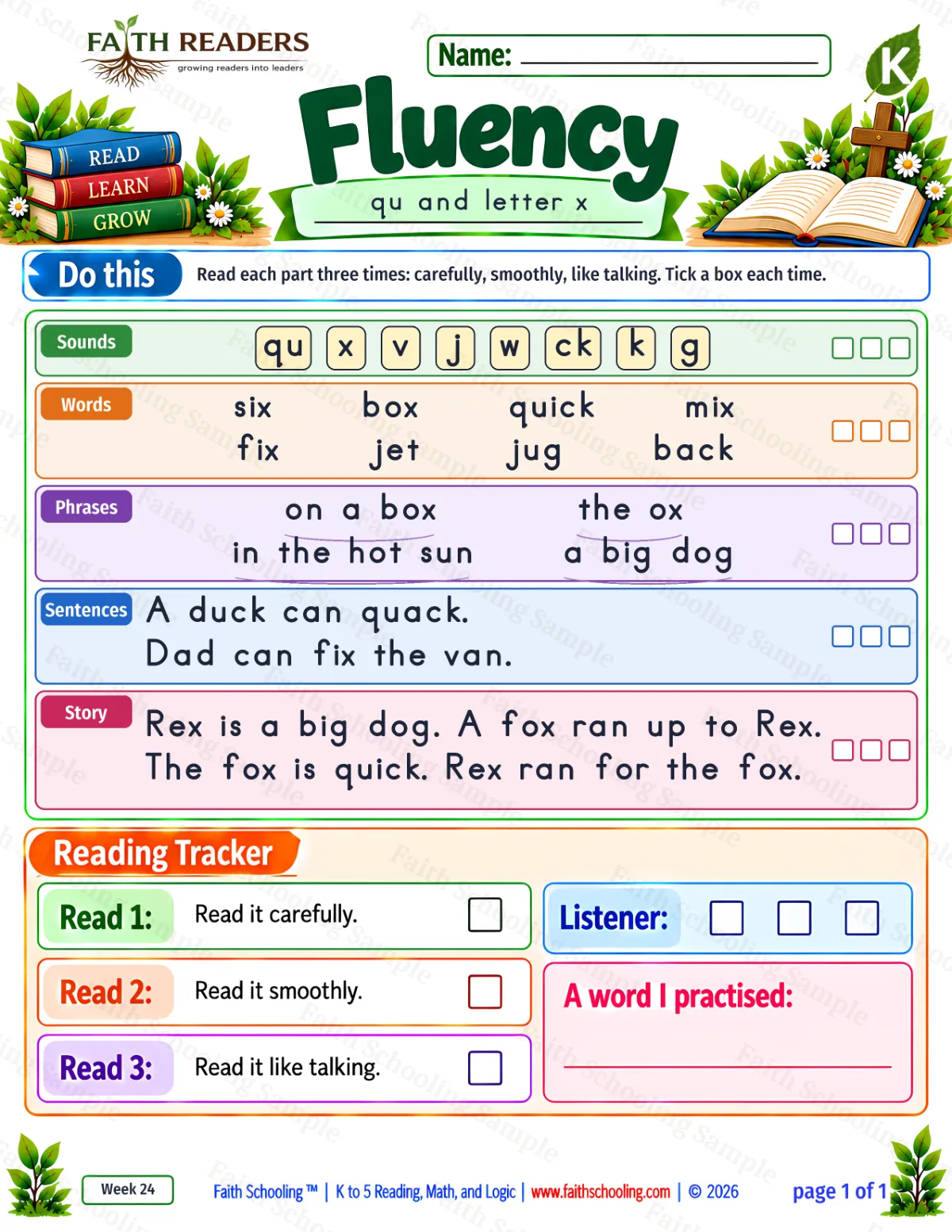 Kindergarten phonics worksheet — The QU Sound. Fluency 1: six, box, quick and mix (free printable)