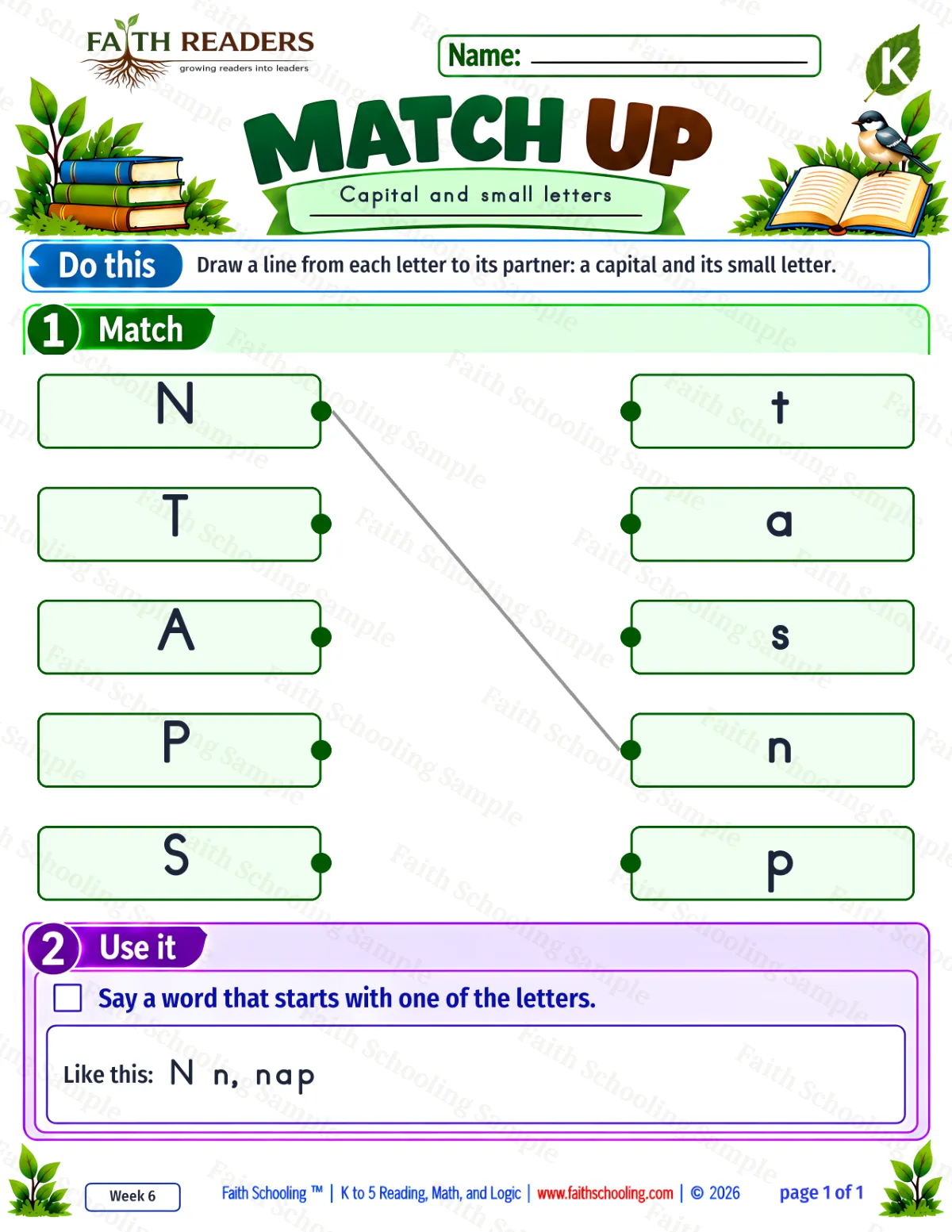 Kindergarten phonics worksheet — Uppercase & Lowercase Matching. Match Up 1: N, T, A and P (free printable)