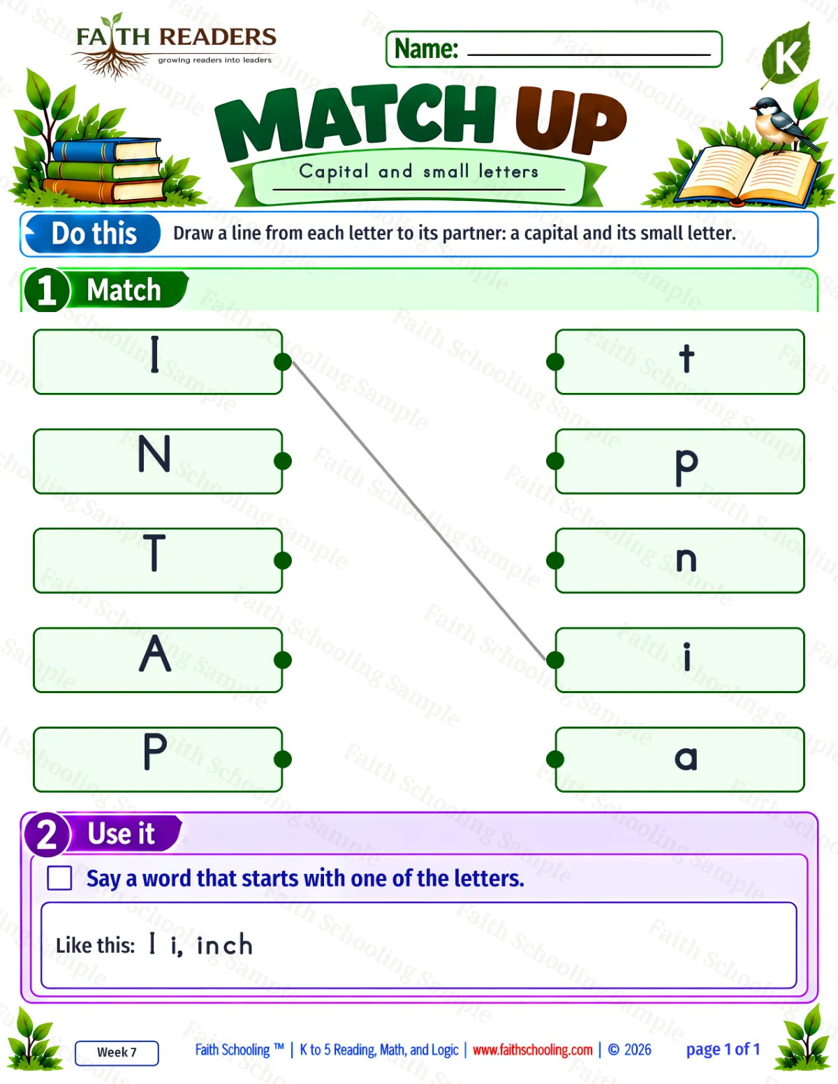 Kindergarten phonics worksheet — Uppercase & Lowercase Matching. Match Up 2: I, N, T and A (free printable)