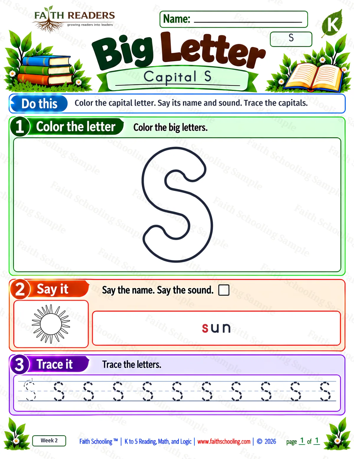 Kindergarten phonics worksheet — Uppercase Letters. Big Letter 1: the letter s (sun) (free printable)