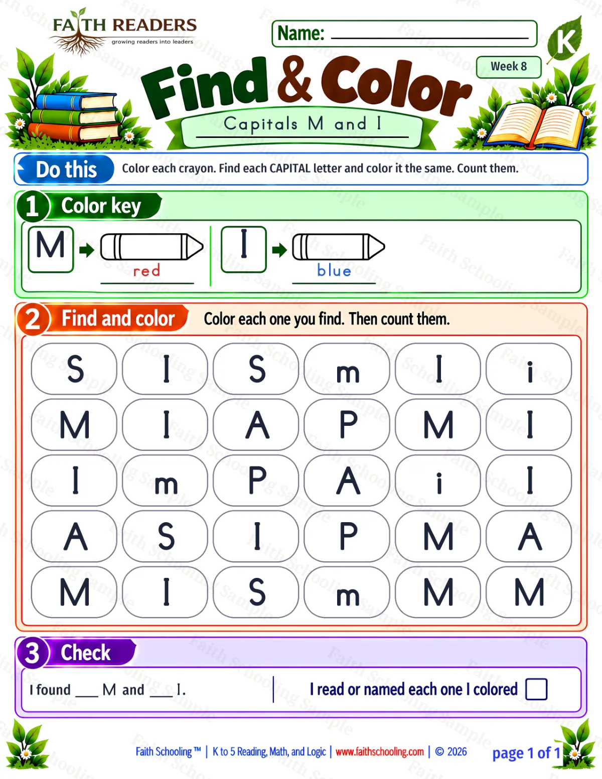 Kindergarten phonics worksheet — Uppercase Letters. Find And Color 1: M and I (free printable)