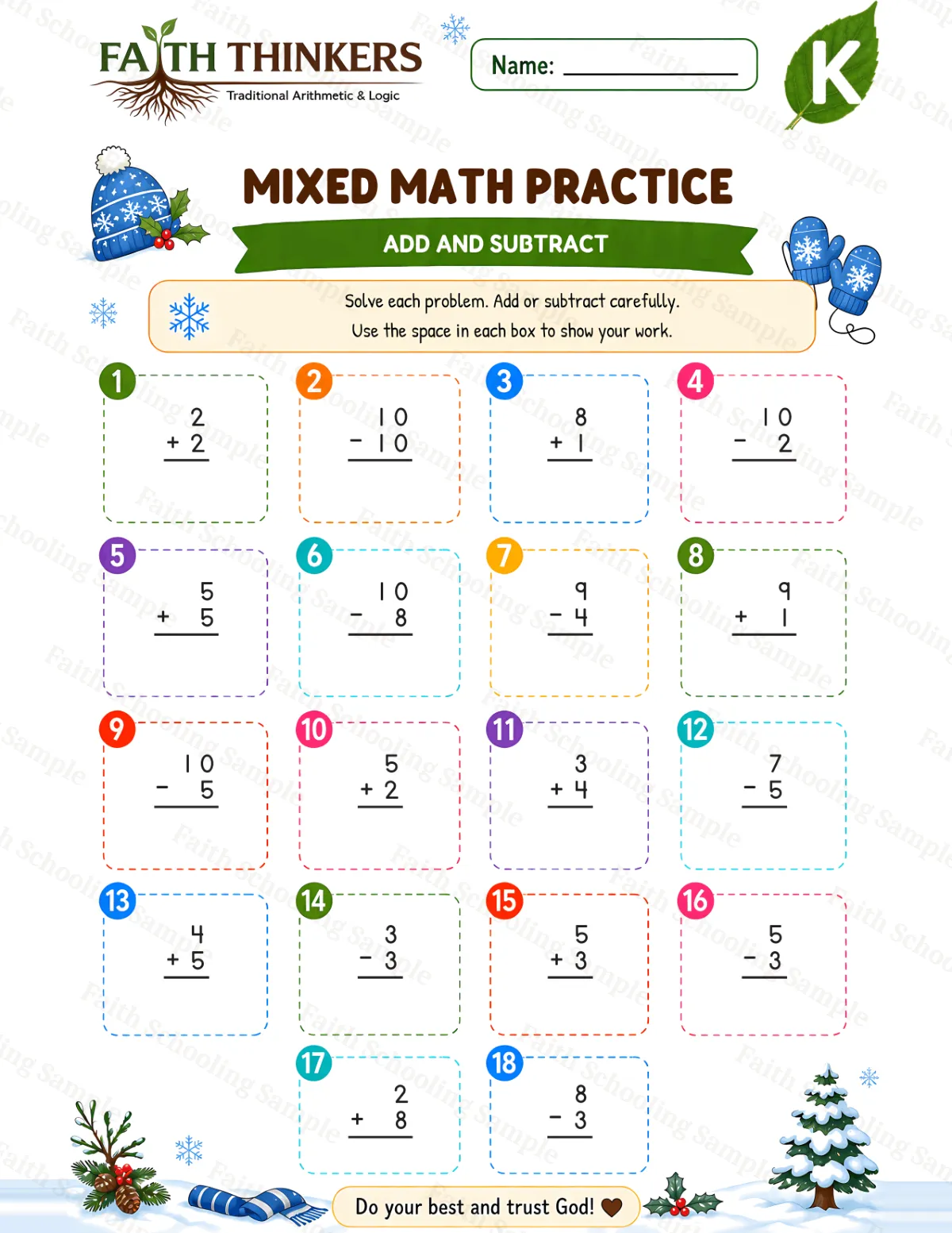 Kindergarten math worksheet — Winter Mixed Practice 3 (free printable)