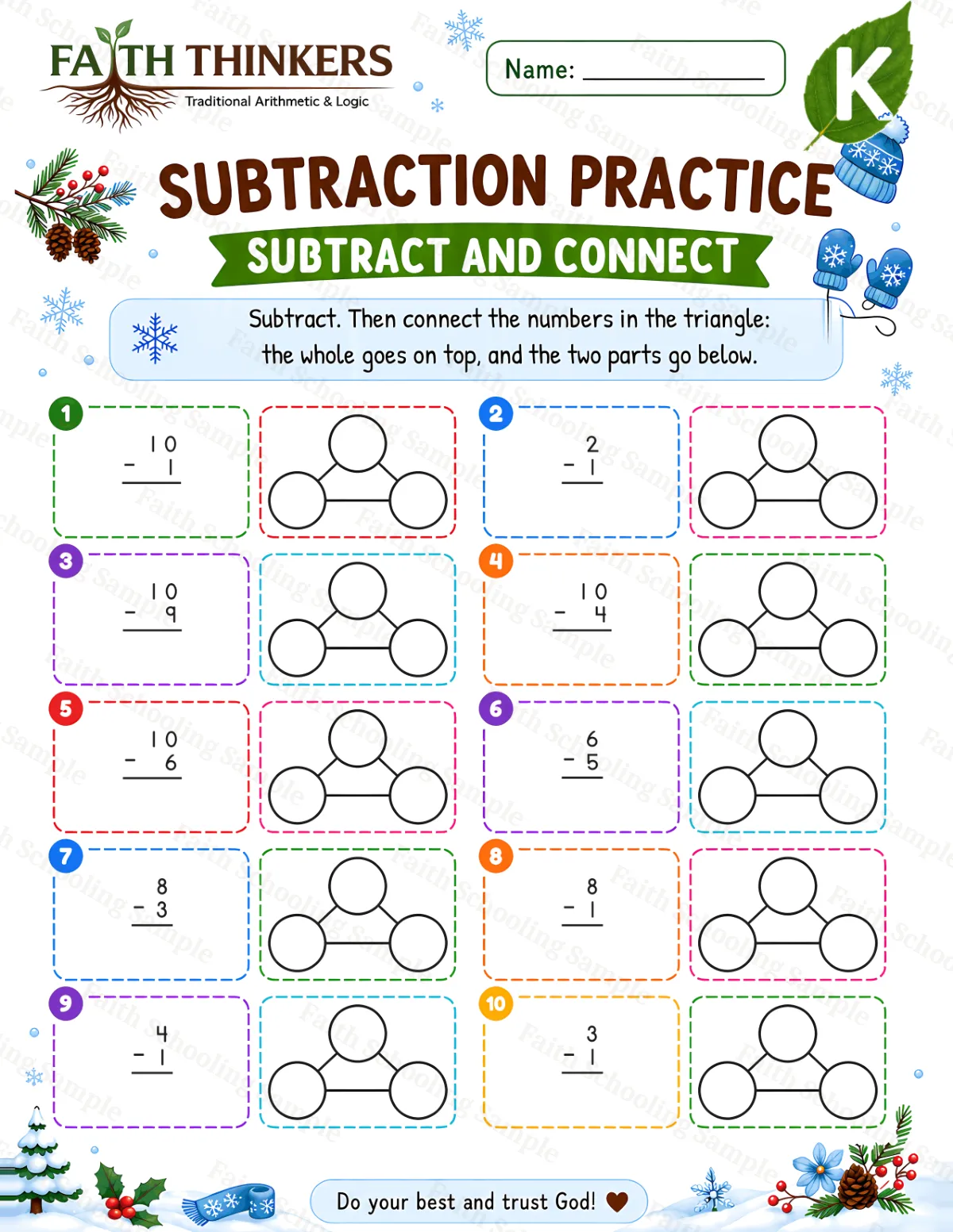 Kindergarten math worksheet — Winter Subtract And Connect Practice 3 (free printable)