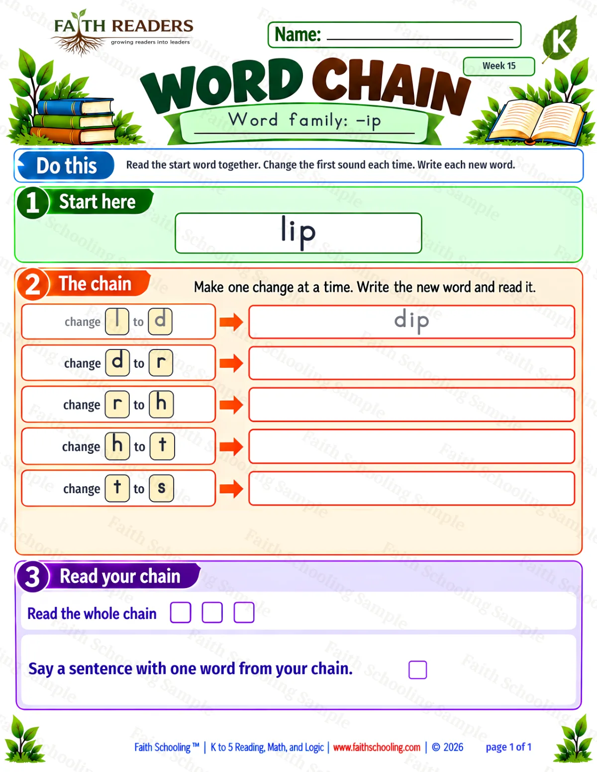 Kindergarten phonics worksheet — Word Families & Spelling. Word Chain 1: lip to sip (free printable)