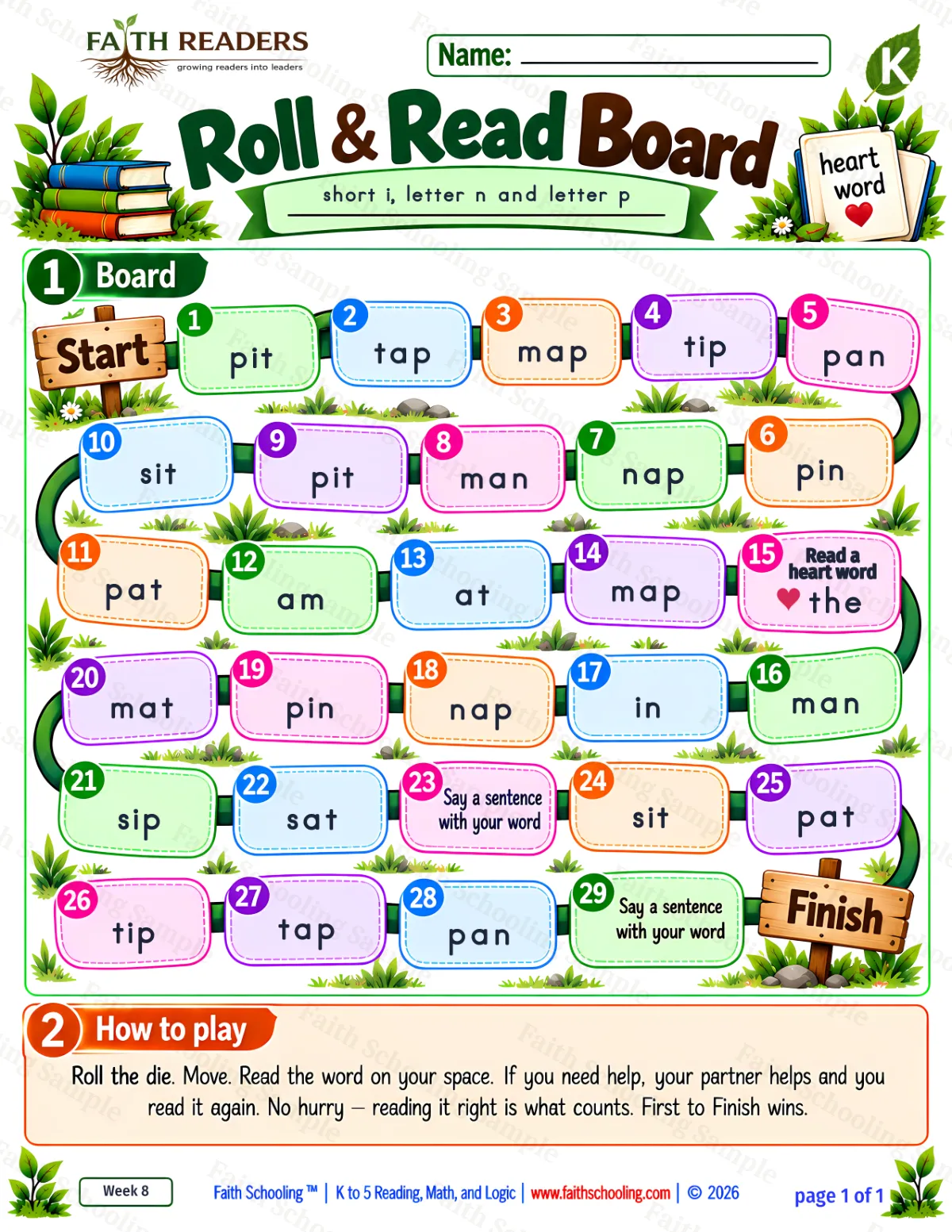 Kindergarten phonics worksheet — Word Games & Puzzles. Roll And Read 1: man, sit, map and pat (free printable)