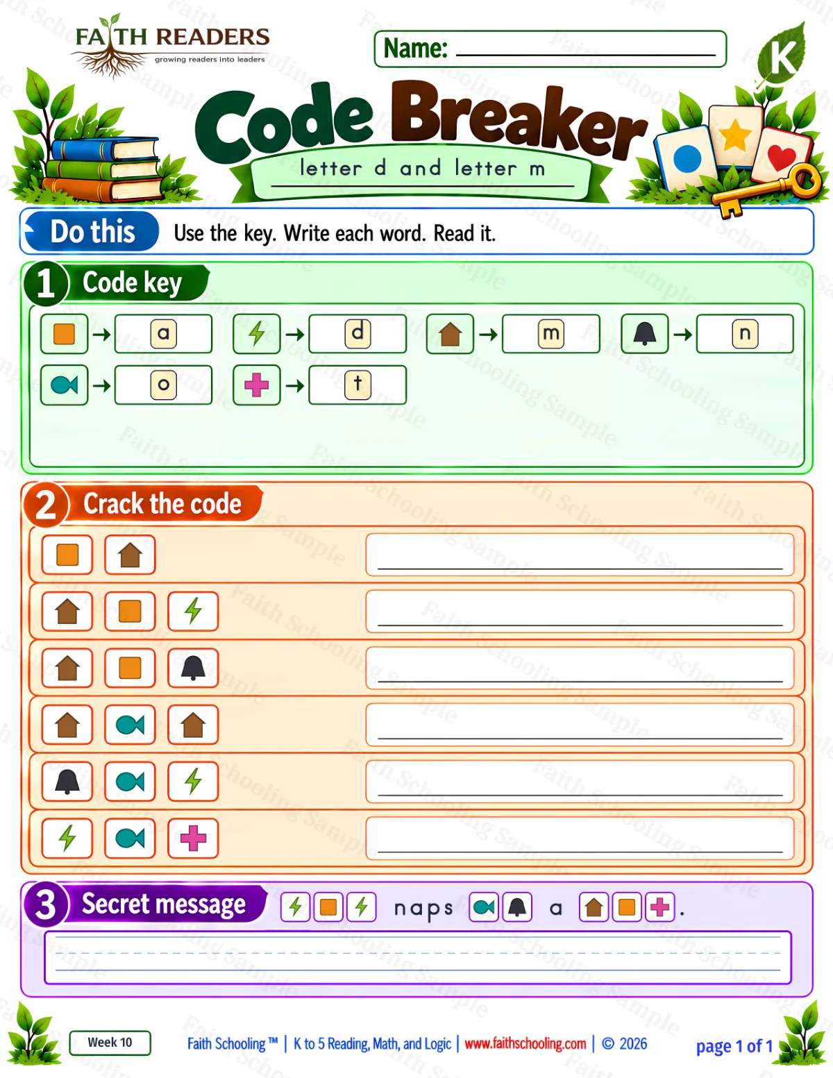 Kindergarten phonics worksheet — Word Games & Puzzles. Code Breaker 1: am, mad, man and mom (free printable)