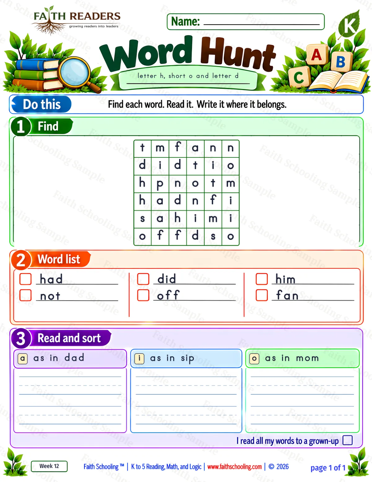 Kindergarten phonics worksheet — Word Games & Puzzles. Word Hunt 1: a, i and o (free printable)