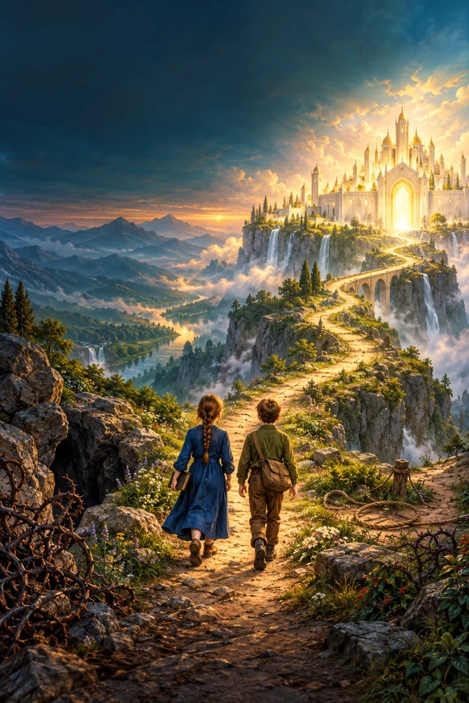 The cover of The Way of Jesus, Junior Edition: two children walking a narrow path toward a shining city.