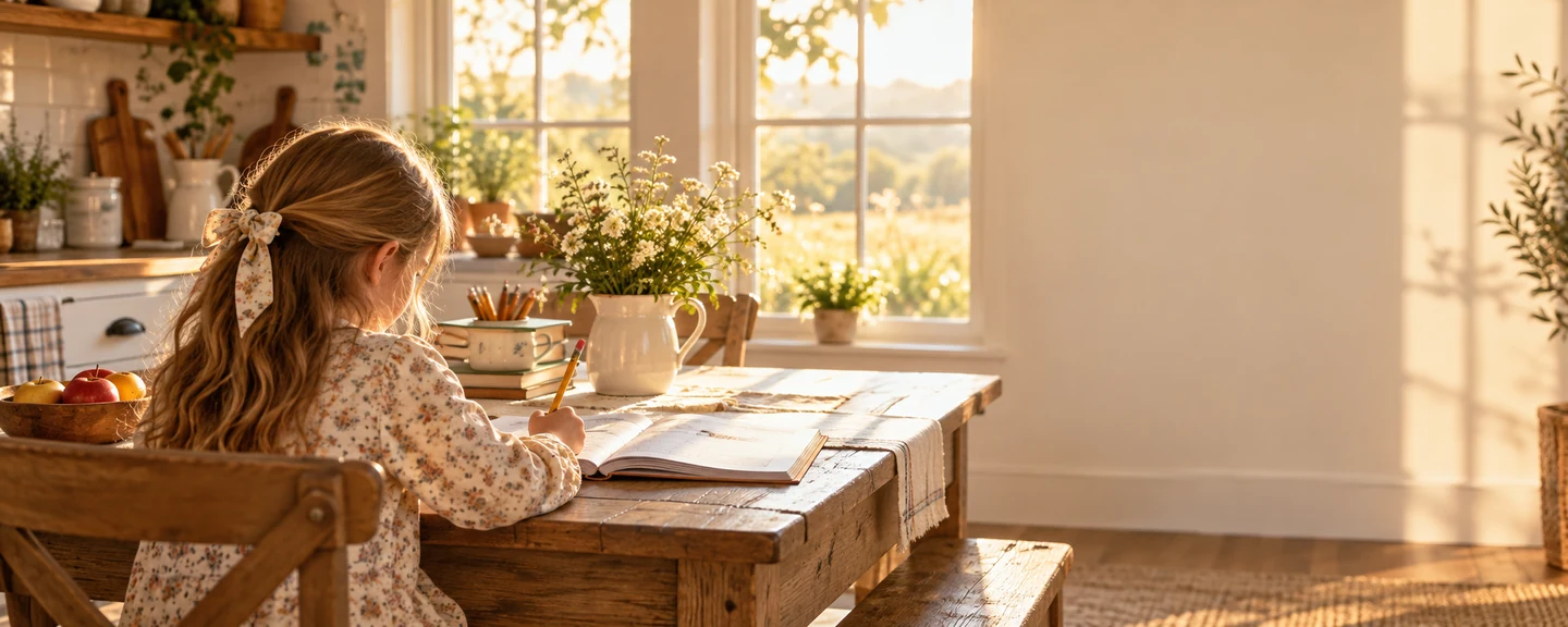 A child doing schoolwork at a farmhouse kitchen table