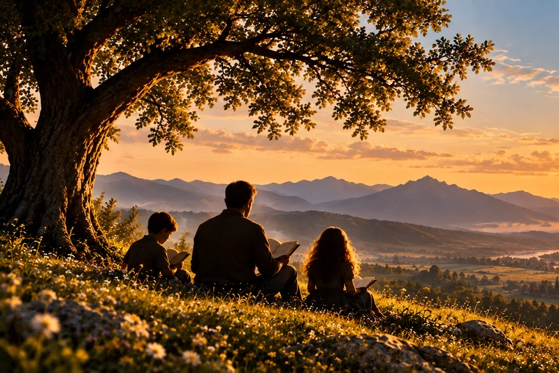 A father reading with two children under a tree at sunset