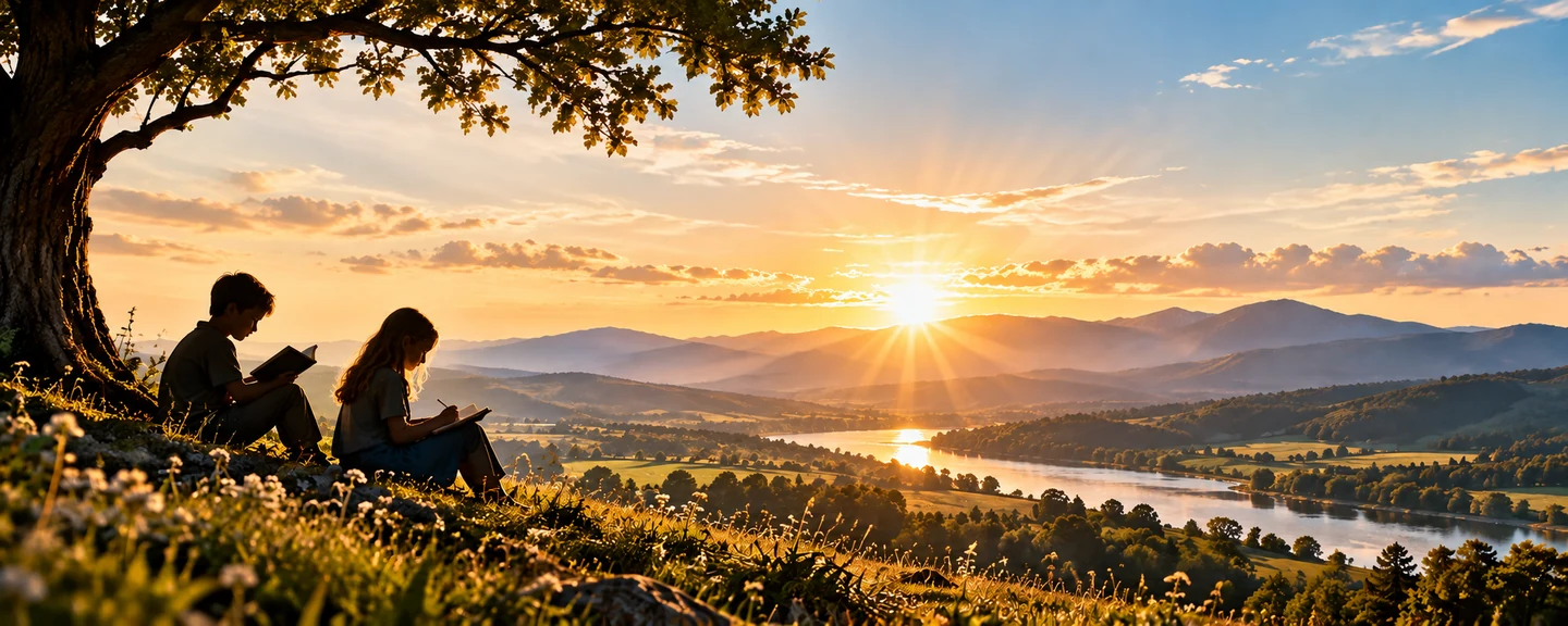 Two children reading and writing under a tree overlooking a valley at sunset